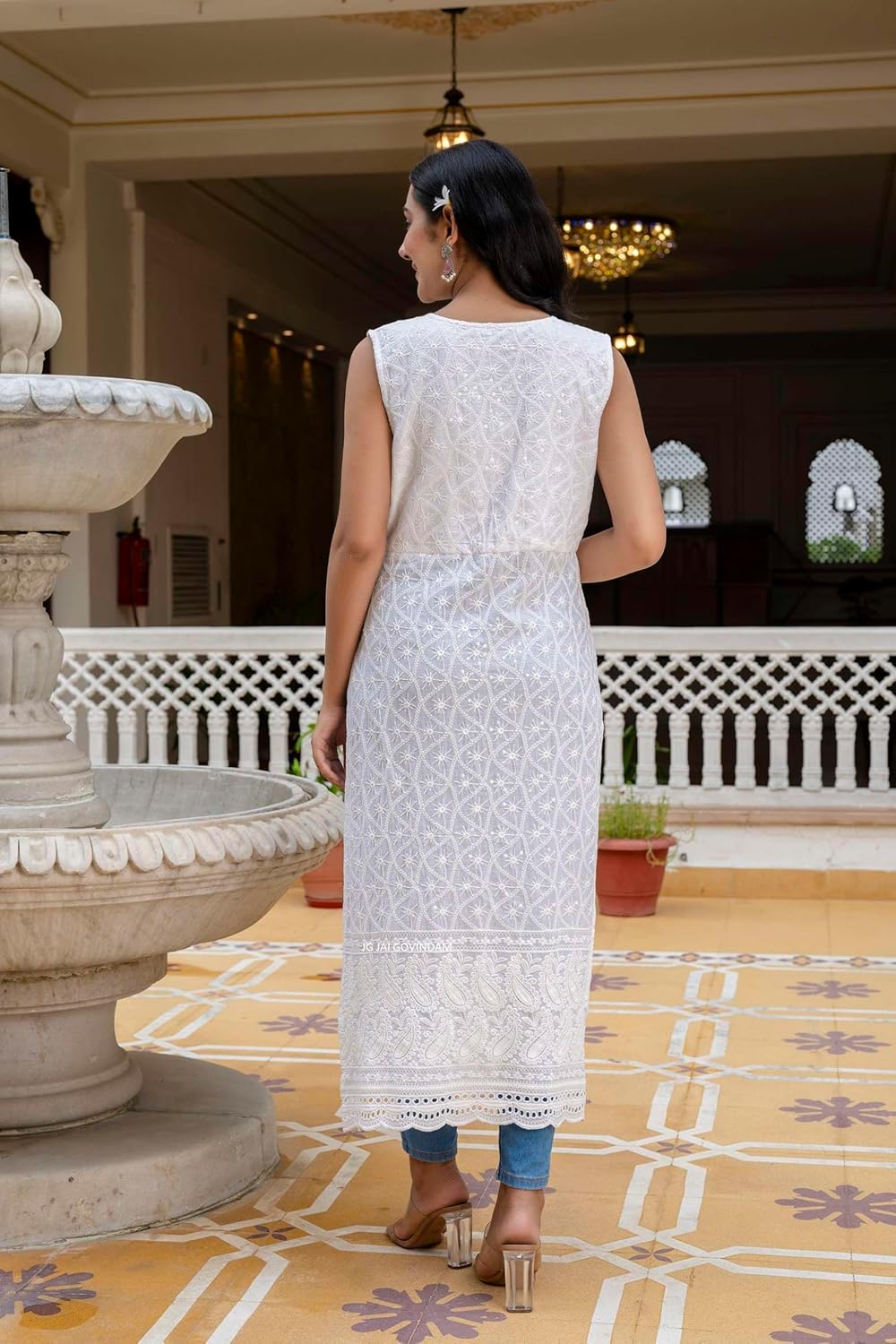 JG JAI GOVINDAM Pure Cotton Sleeveless Lucknowi Chikankari Kurtis For Women Indian Style Casual Long White Straight Kurti - Image 2