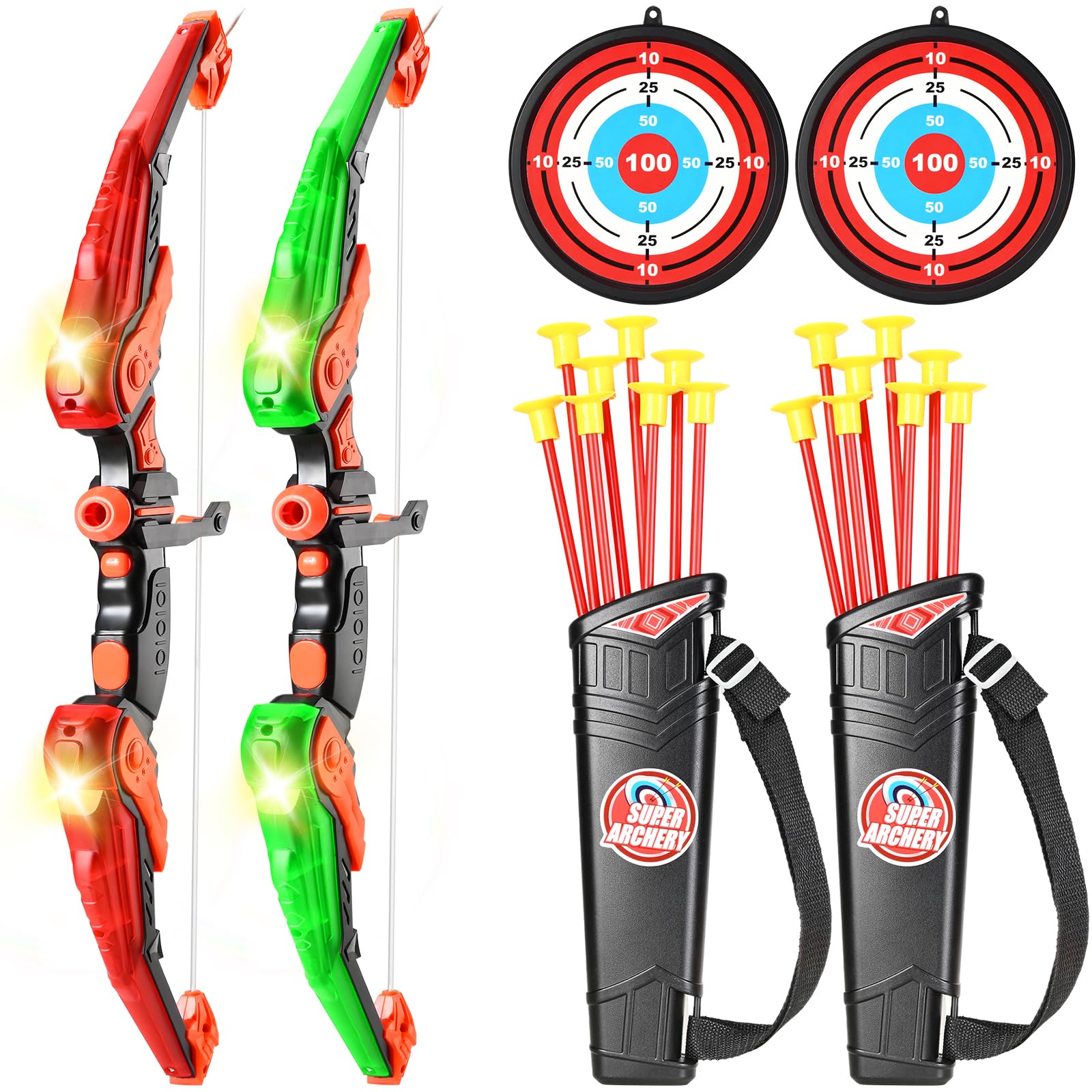 Doloowee Arco e Freccia per Bambini Giocattoli con Luce LED Set Tiro con L'Arco 8 Frecce a Ventose Bersaglio Faretra Spalla