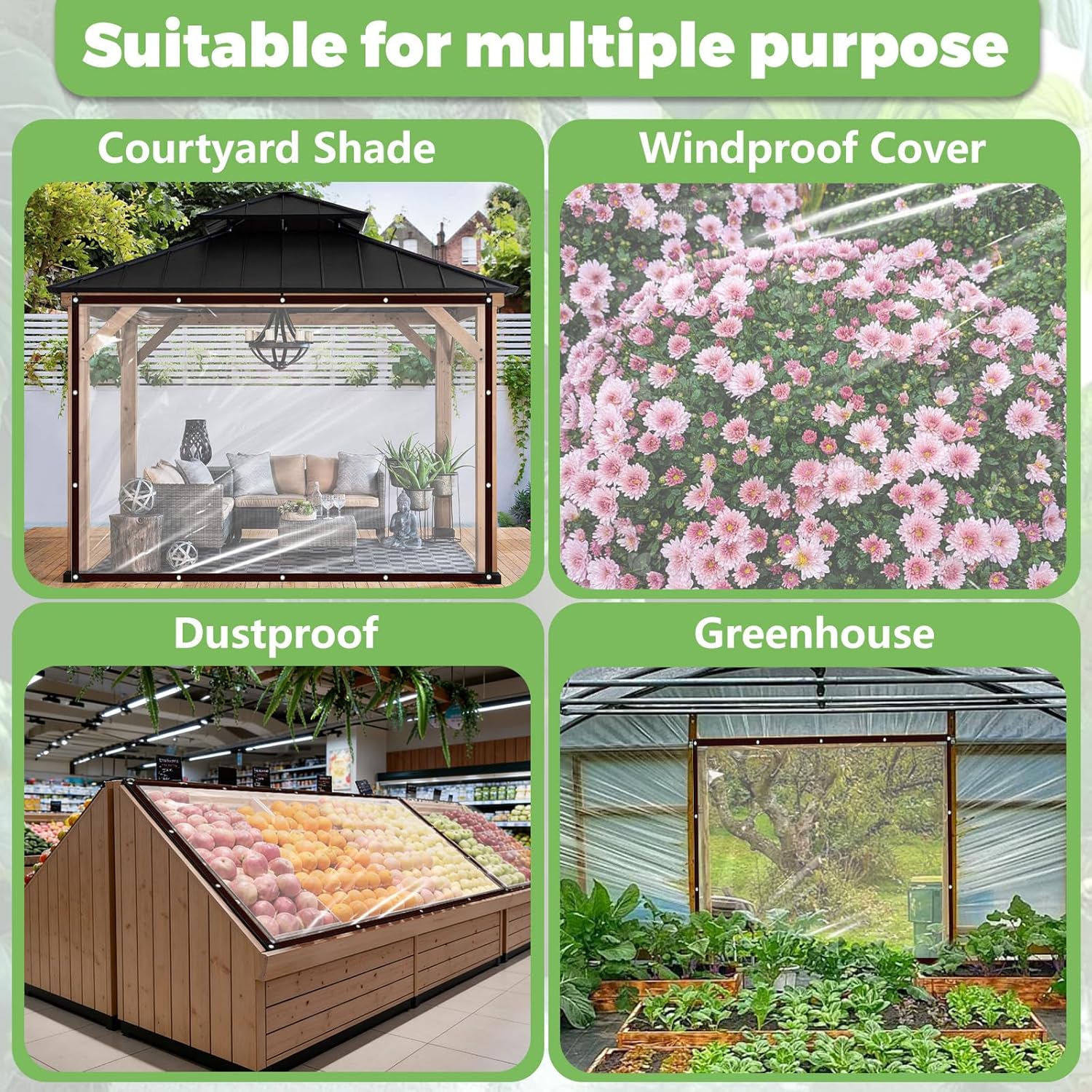 8x10ft Clear Waterproof Tarp with Grommets Upgraded Edge Heat Fused with Windproof Rope+Tie-Downs, Tear Resistant Clear Heavy Duty Tarps for Patio Fencing, Rain, Wind, Cold (8x10ft)