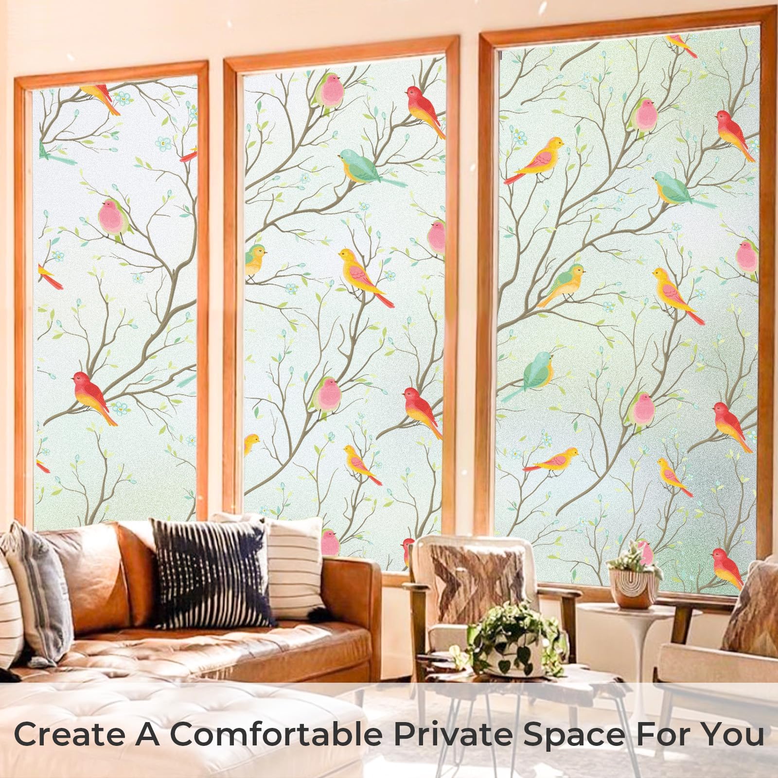 WOO Home Frosted Glass Window Film & Stickers (12 X 24 inch) Privacy Window Cover for Glass Window & Glass Door - Easy Apply, Removable Decorative Film (Multi Colour Bird Film | 1 X 2 SQFT) — Amazon image 6