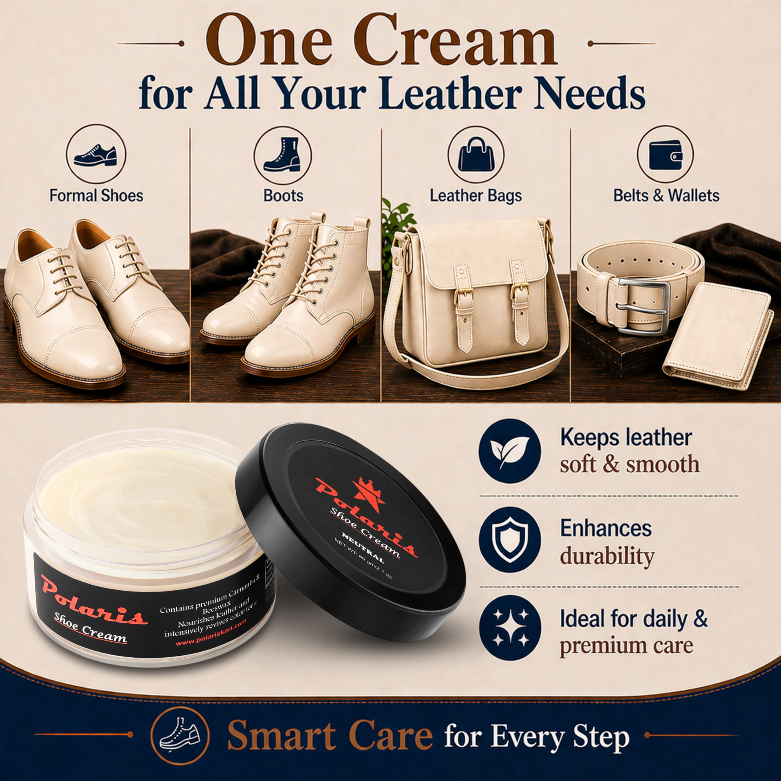 polaris Shoe Cream Neutral 60gm | Premium Leather Shoe Polish & Shoe Shine Cream | Long Lasting Leather Conditioner Shoes & Shoe Color Restorer for Formal Shoes, Boots, Bags & Belts 2