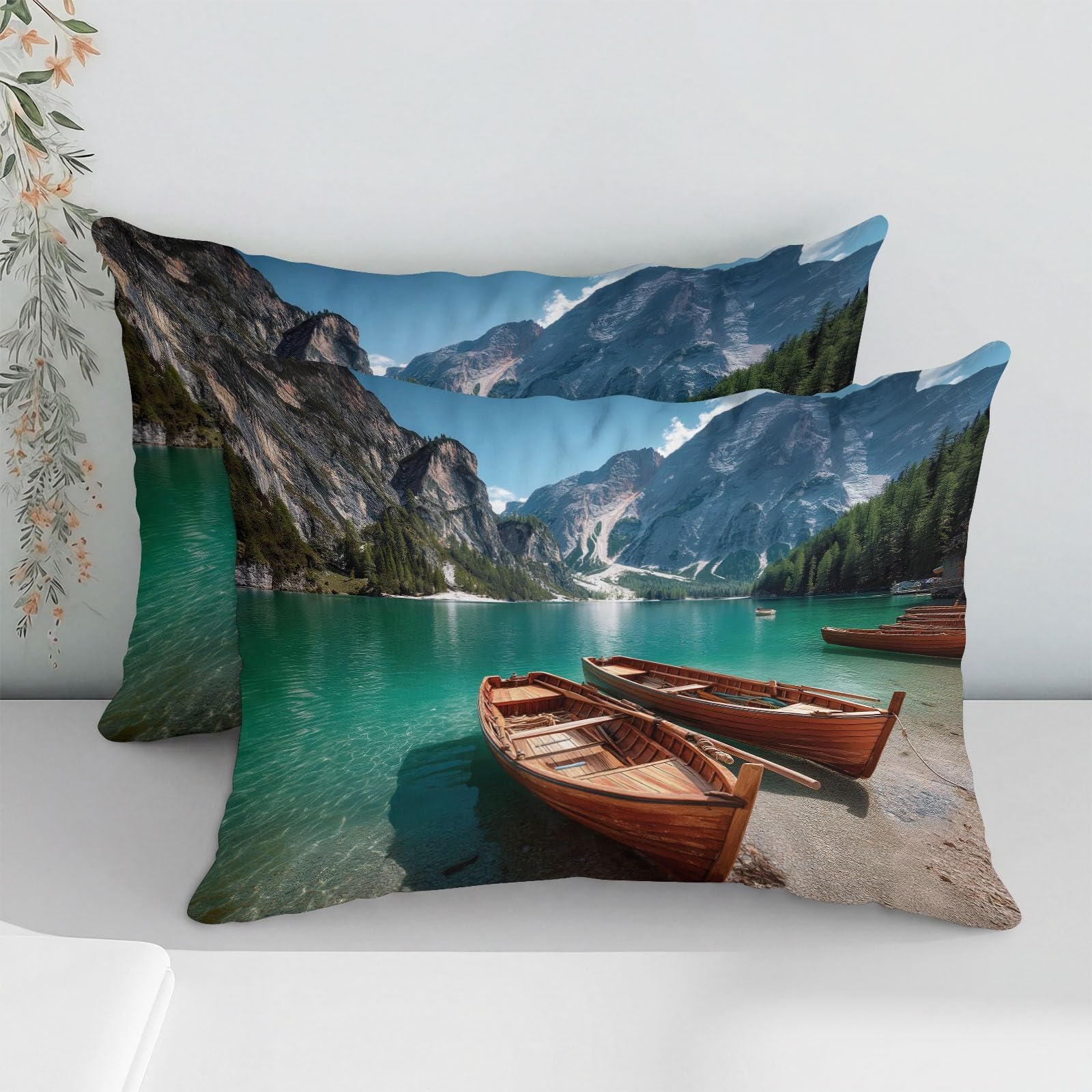Generisch Bergsee Pościel z drewna 200 x 200 cm, poszewka na poduszkę, czarna, realistyczny krajobraz naturalny, zestaw pościeli z mikrofibry, oddychająca, z zamkiem błyskawicznym i poszewką na