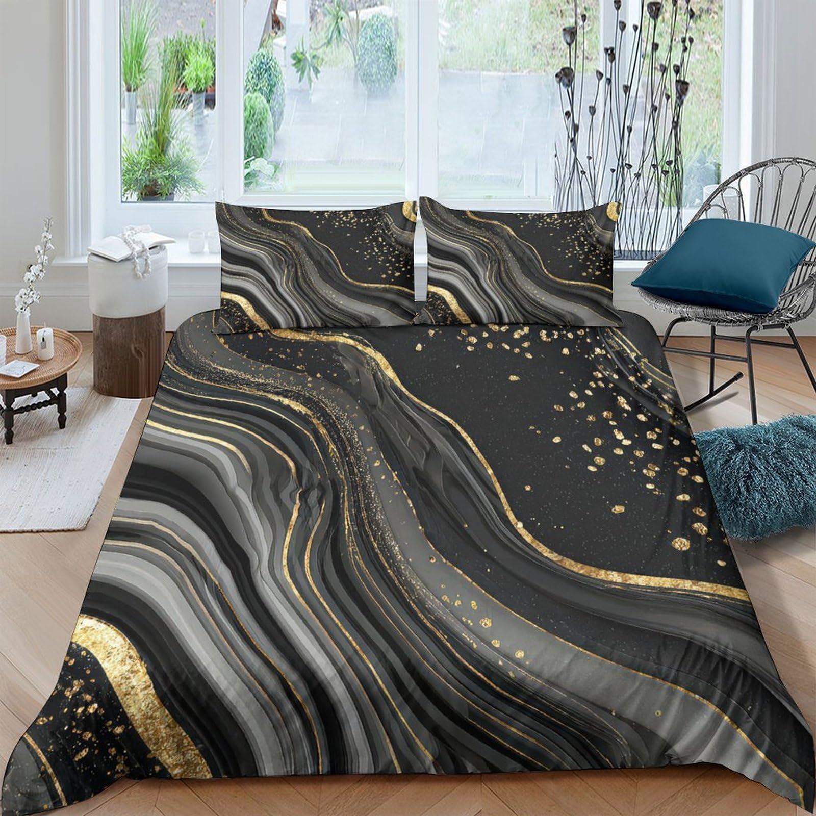 TUFRTGYHN 3D Printed Black Gold Marble Duvet Cover Microfiber Soft Breathable Abstract Bedding Set with 2 Pillowcases for Bedroom Home Decor Single（135x200cm）