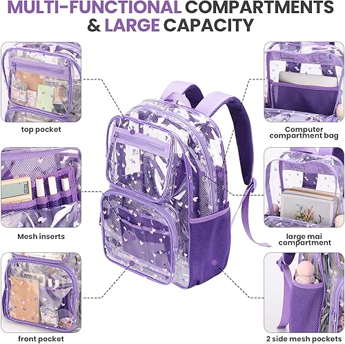 Miniatura 7 de Mochilas transparentes para la escuela, bolsa de libros resistente, transparente de plástico transparente, 10 paquetes morados, Mediana, Mochilas