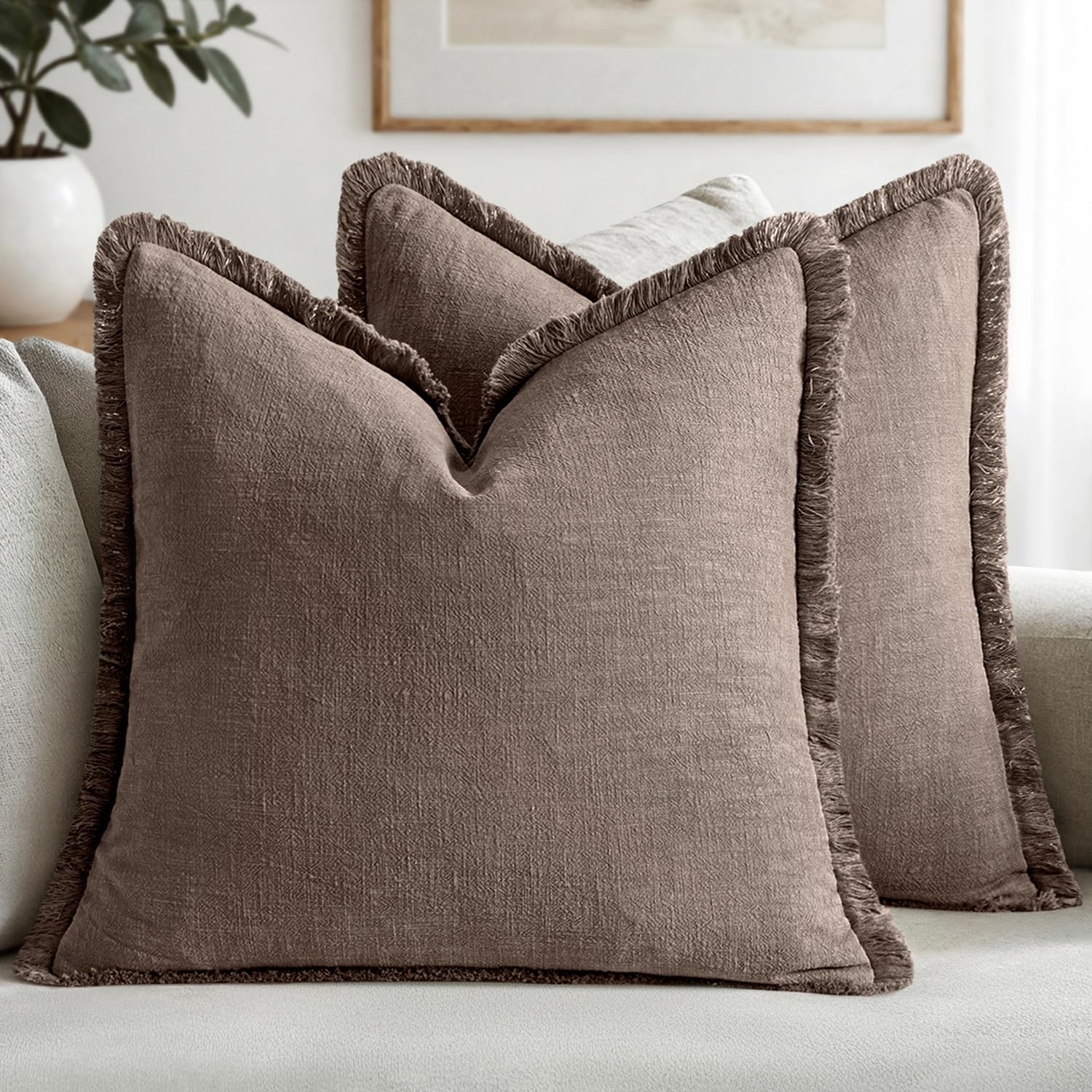 MIULEE Linen Fringe Decorative Fall Euro Pillow Covers Malt Ball 24x24