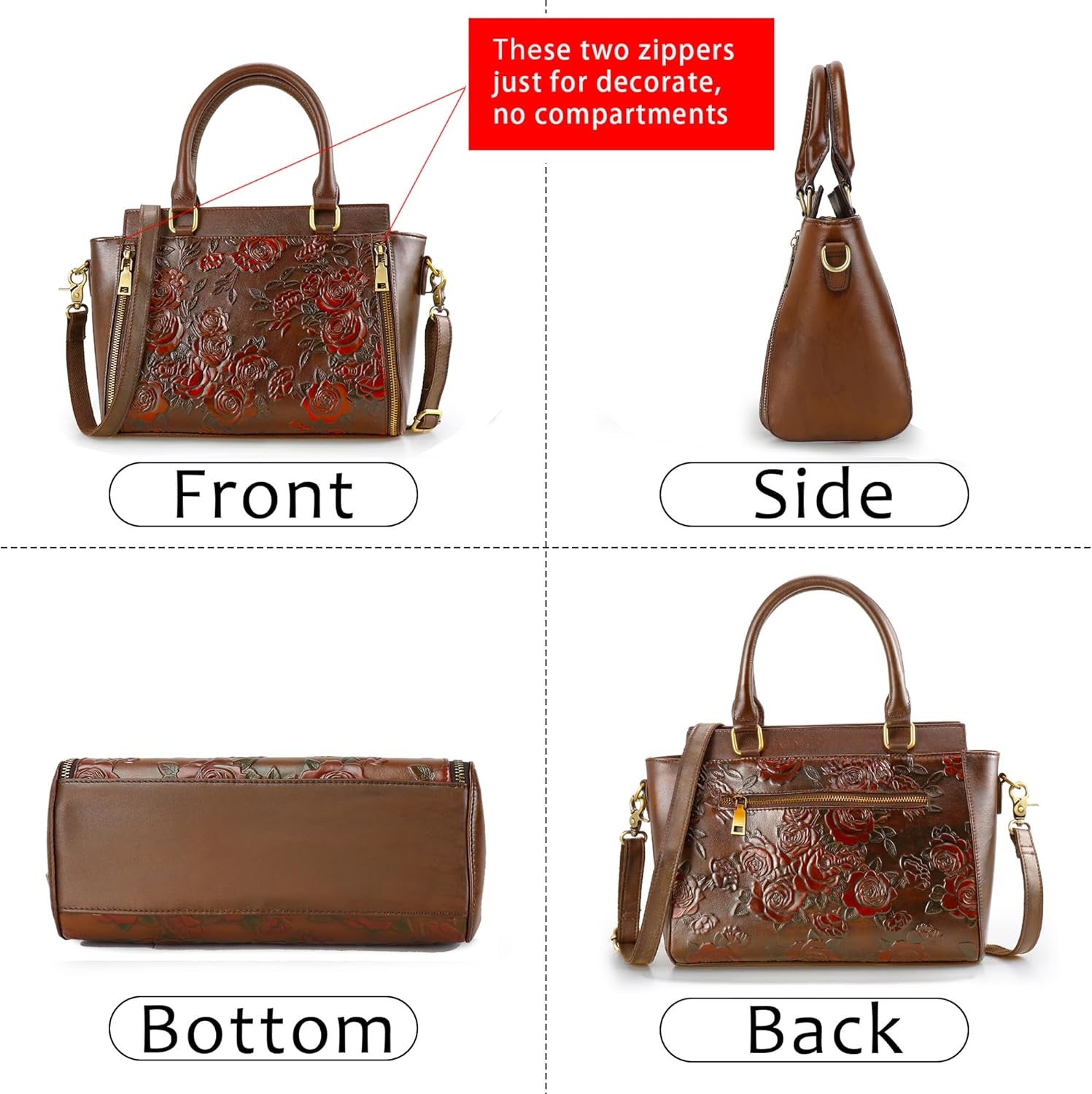 Crossbody Bag for Women Leather Shoulder Bag Medium Satchel Vintage Embossing Rose Large Capacity(Coffee) - Image 6