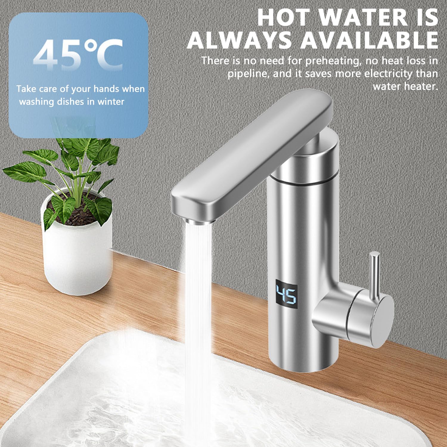 Robinet Chauffant Instantané, 3000W Réglable Température Acier Inoxydable Robinet électrique de Chauffe-Eau Instantané avec Affichage Numérique LED et Rotation à 360 ° pour Cuisine et Salle de Bain