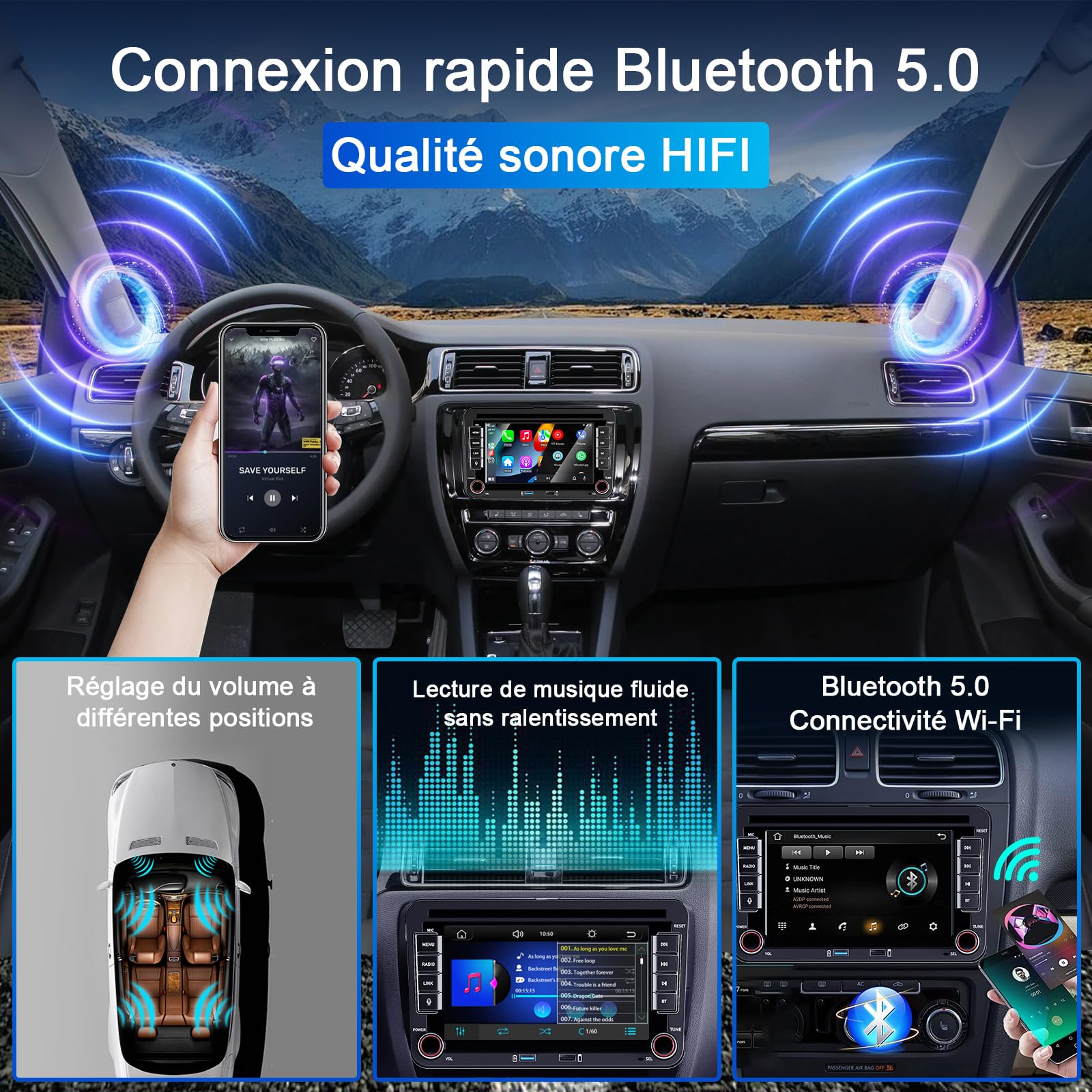 CarPlay Autoradio pour VW Golf 5 6 Passat Jetta Caddy Polo CC Tiguan EOS Touran T5 Skoda, 7 Pouces sans Fil Carplay & Android Auto, Puissance élevée/Bluetooth/FM/AM Radio/USB/DSP/RDS/SWC