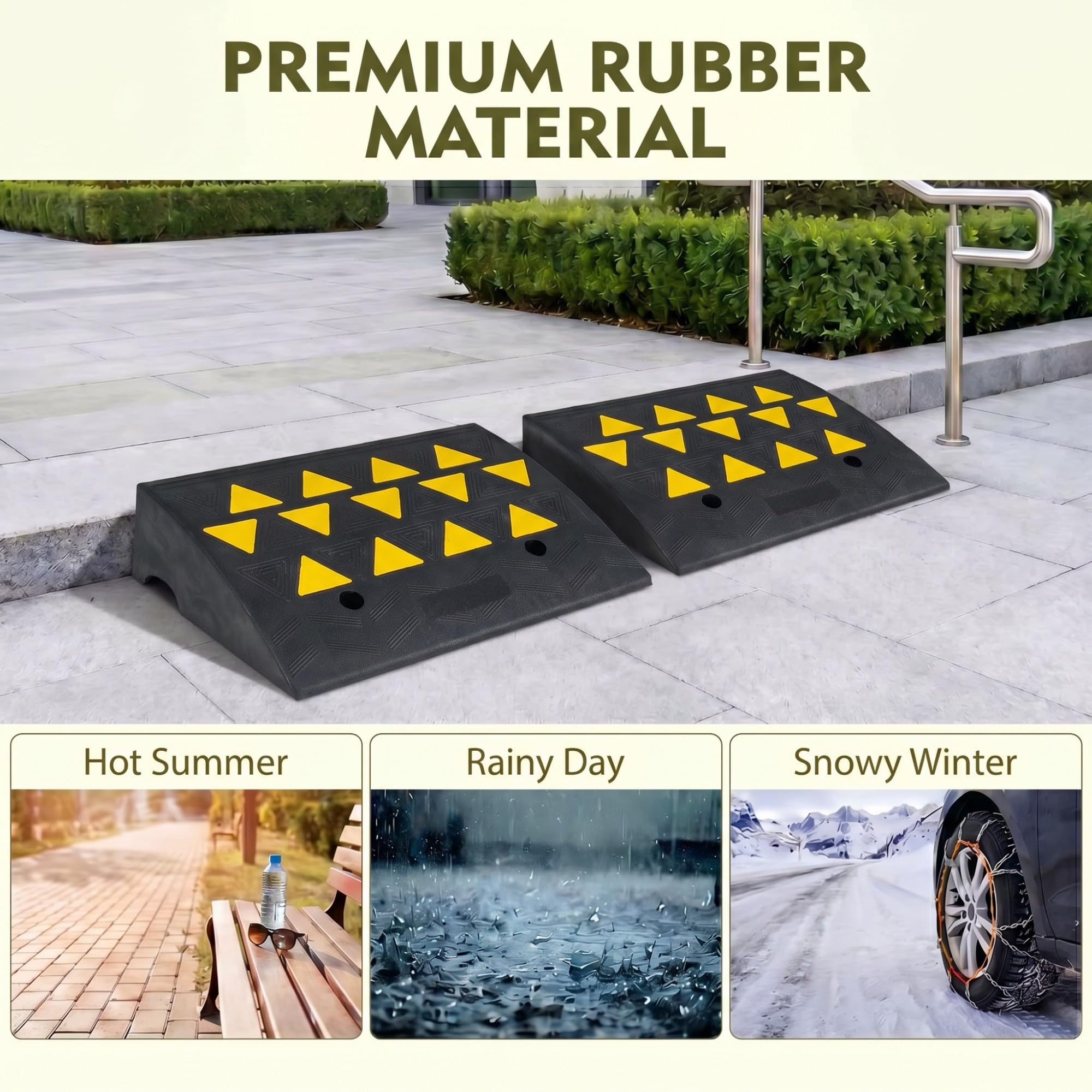 GIANTEX 2 Rampas para Coches de Goma, Rampas para Silla de Ruedas con Triángulos Reflectantes, Carga 15 Ton, Altura 13/16 cm, Superficie Antideslizante y Canal de Drenaje para Bordillos (49x37x16 cm)