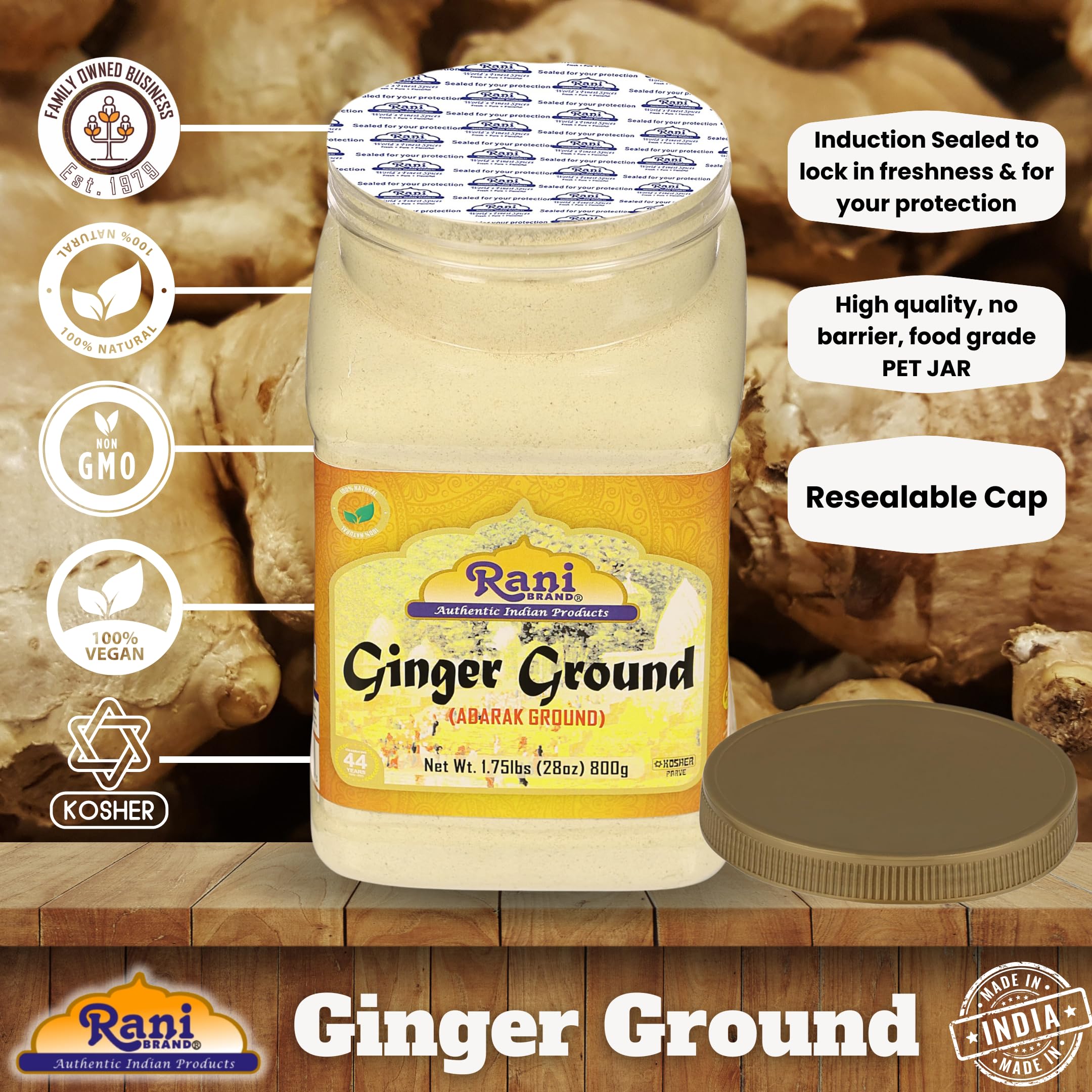 Rani Ginger (Adarak) Powder Ground, Spice 28oz (1.75lbs) 800g PET Jar ~ All Natural | Vegan | Gluten Friendly | NON-GMO | Kosher | Indian Origin