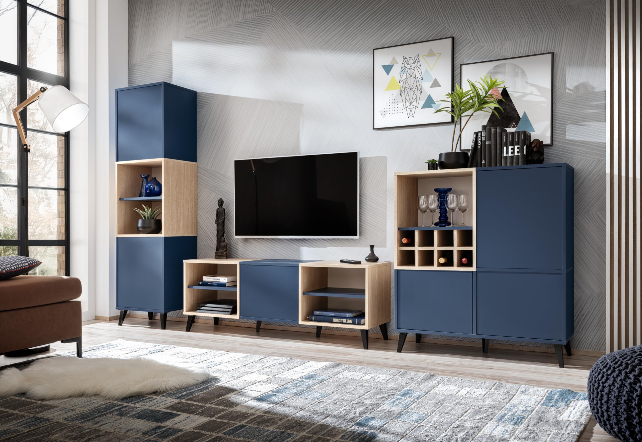 Komodee Fondi Ensembles de Meubles TV 3 armoires avec casier à vin, Style scandinave, pour Salon, Cuisine, Salle à Manger, Bureau, Bleu, Bois Clair, 173x35x272 cm