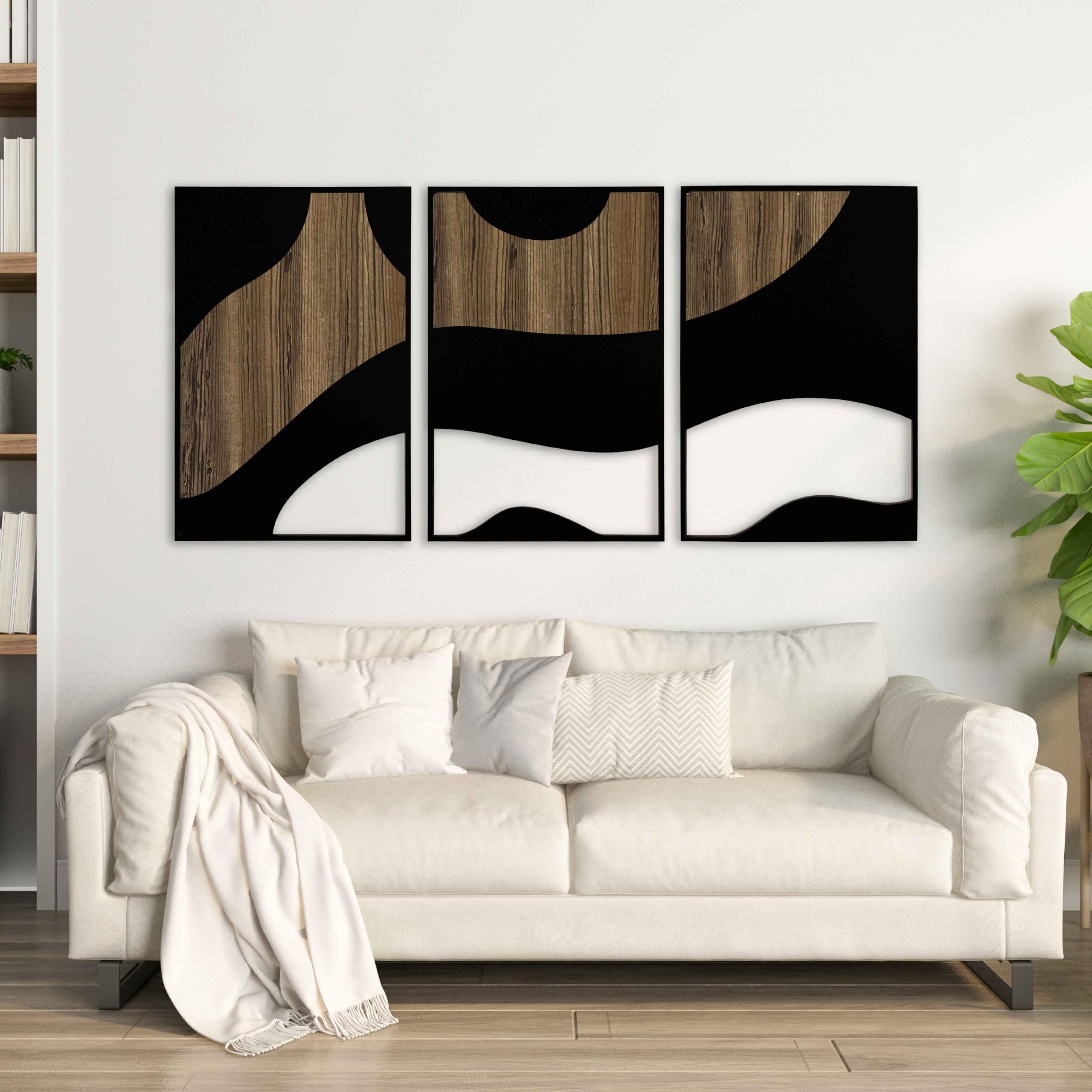 Zeitgenössische Holzwandkunst, Triptychon, abstrakte Kurven im Erdton, Wanddekoration, moderne neutrale Wandpaneele, neues Zuhause, Akzente, Geschenk für Wohnzimmer und Schlafzimmer