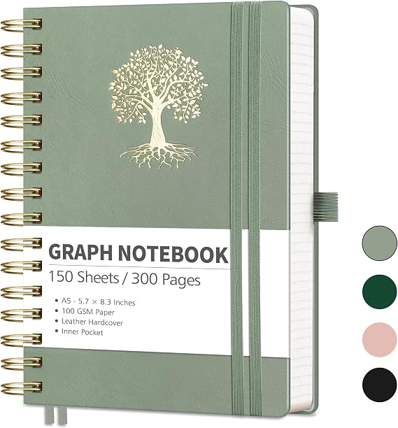 RETTACY Graph Grid Paper Notebook, 300 Pages, A5 Medium Size (5.7'' 8.3''), 5 Squares per Inch, Leather Hardcover, 100 GSM Thick Paper, for School, Students, Math, Engineering (Light Green)