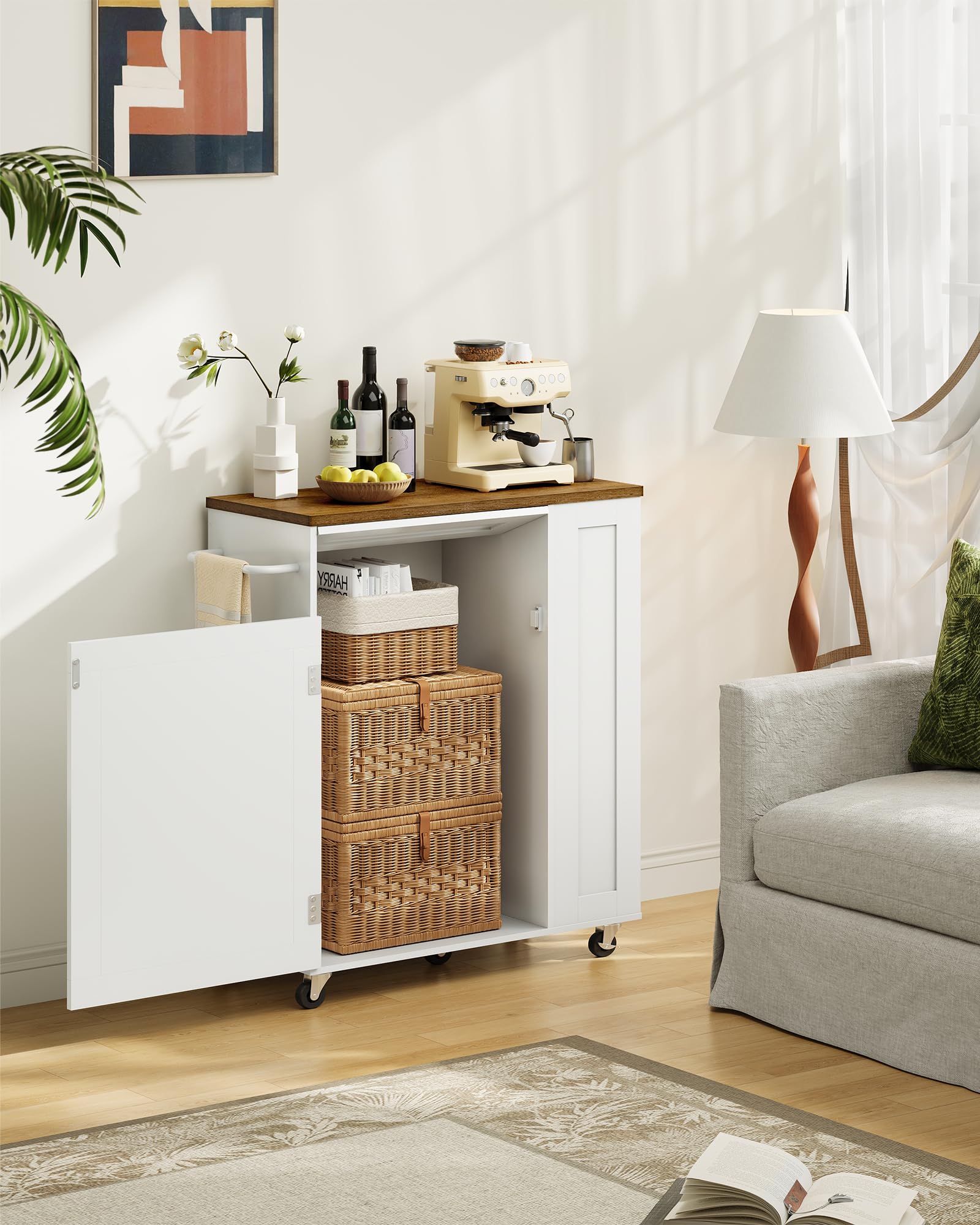 CHOEZON Carrito de Cocina Móvil con Isla, Carro con Compartimento Oculto para Basura, Carrito de Cocina con 5 Ruedas Giratorias, Cajón, Estantes y Toallero, para Cocina, Blanco y Nogal DMZD06WL