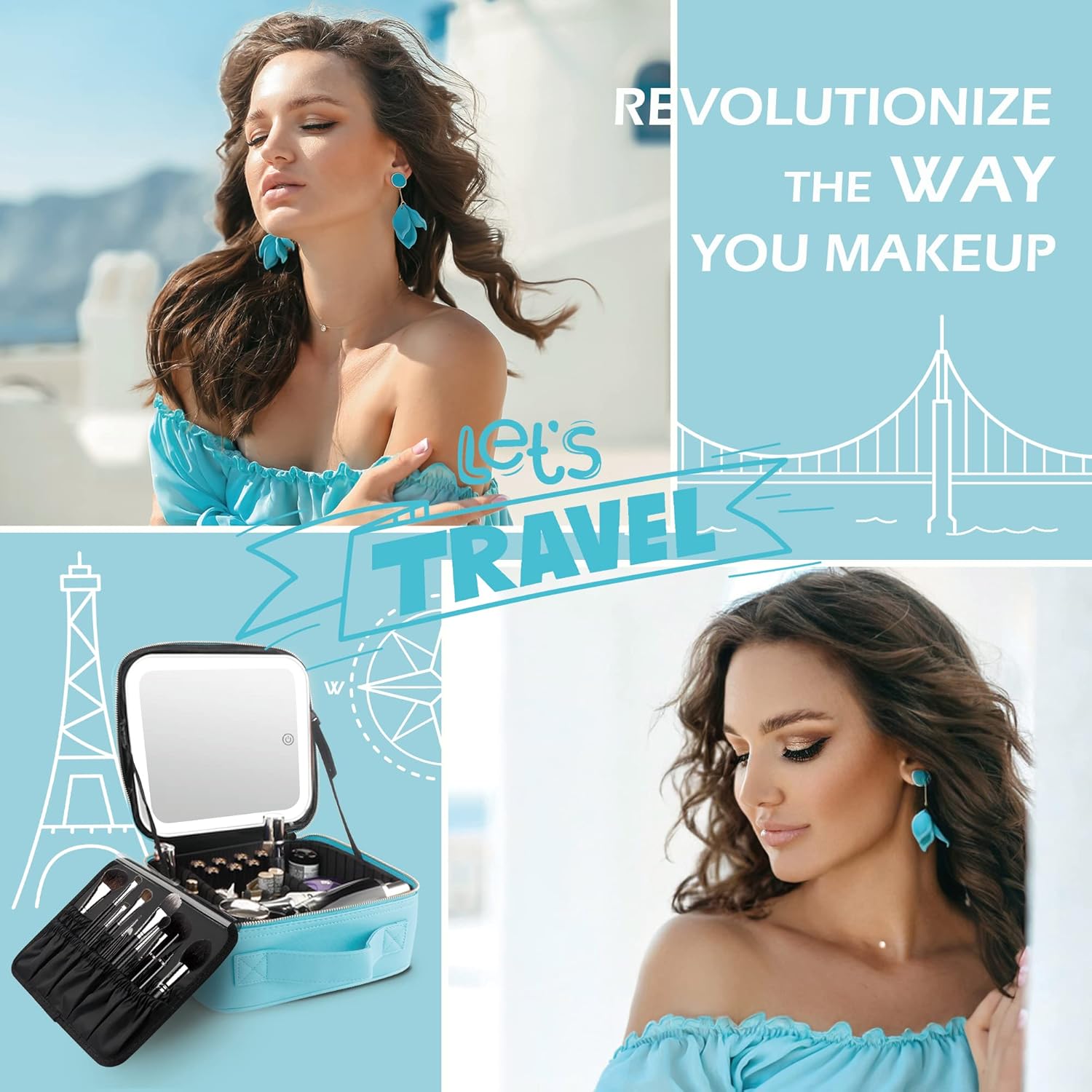 MOMIRA Travel Makeup Bag Cosmetic Bag Makeup Organizer Bag with Lighted Mirror, Adjustable Brightness in 3 Color Scenarios, Waterproof Makeup Train Case, Gift for Women - Diamond Blue - Image 7