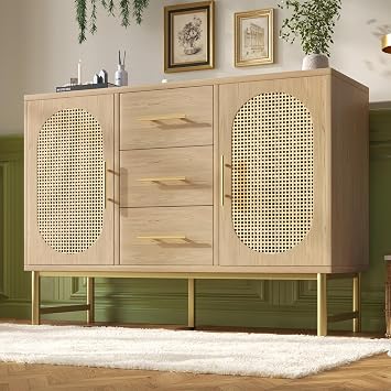 BTM Rattan Sideboard with 3 Drawers and 2 Cabinets, Anti-Tip Chest of Drawers with Metal Handles, Oak Chest of Drawer for Bedroom, 120x40x74cm