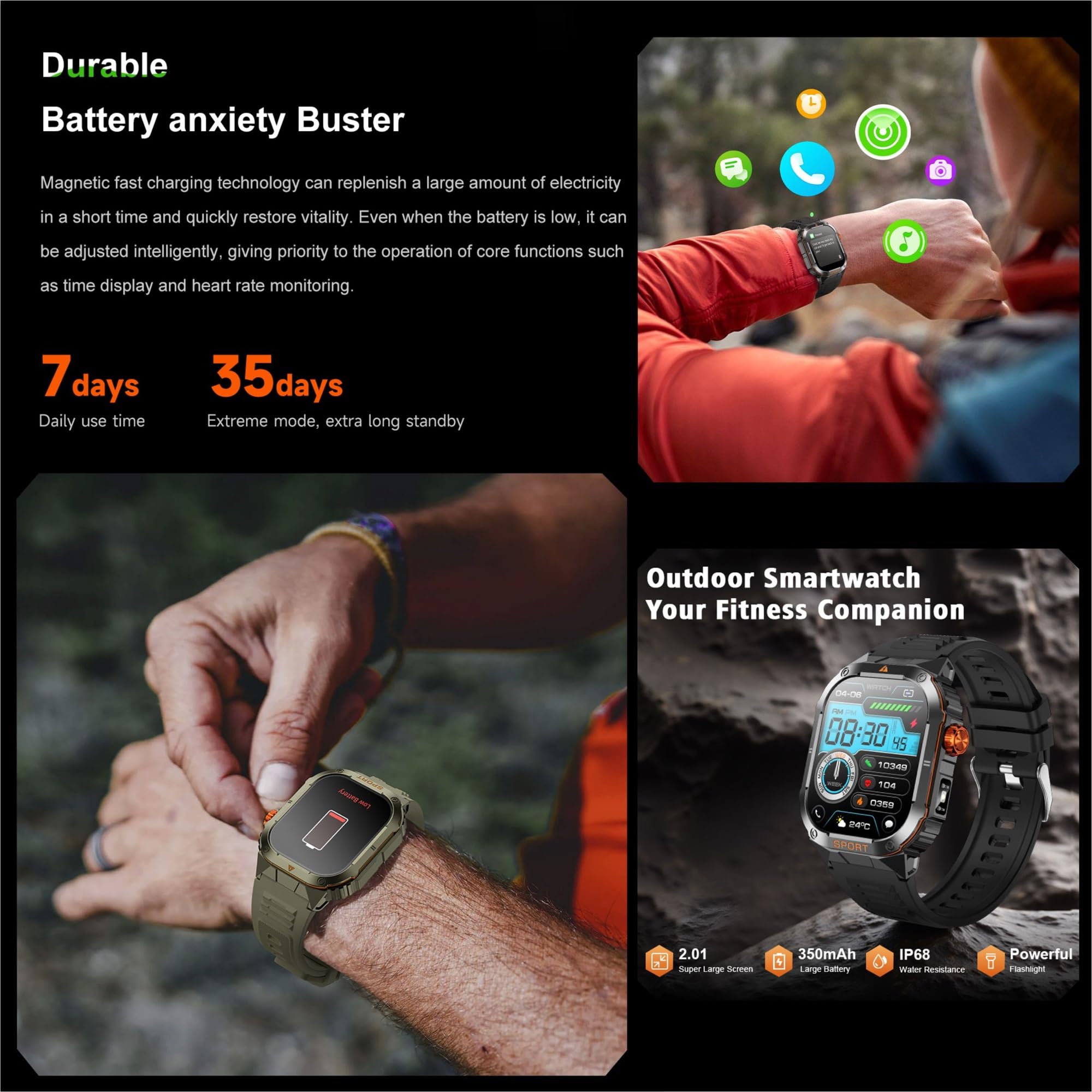 Smartwatch męski z funkcją telefonu, bateria 350 mAh, 2,01" AMOLED zegarek sportowy z Bluetooth, połączenia, zegarek fitness z monitorem snu, krokomierzem, wodoszczelność 5ATM, Smart Watch do systemu