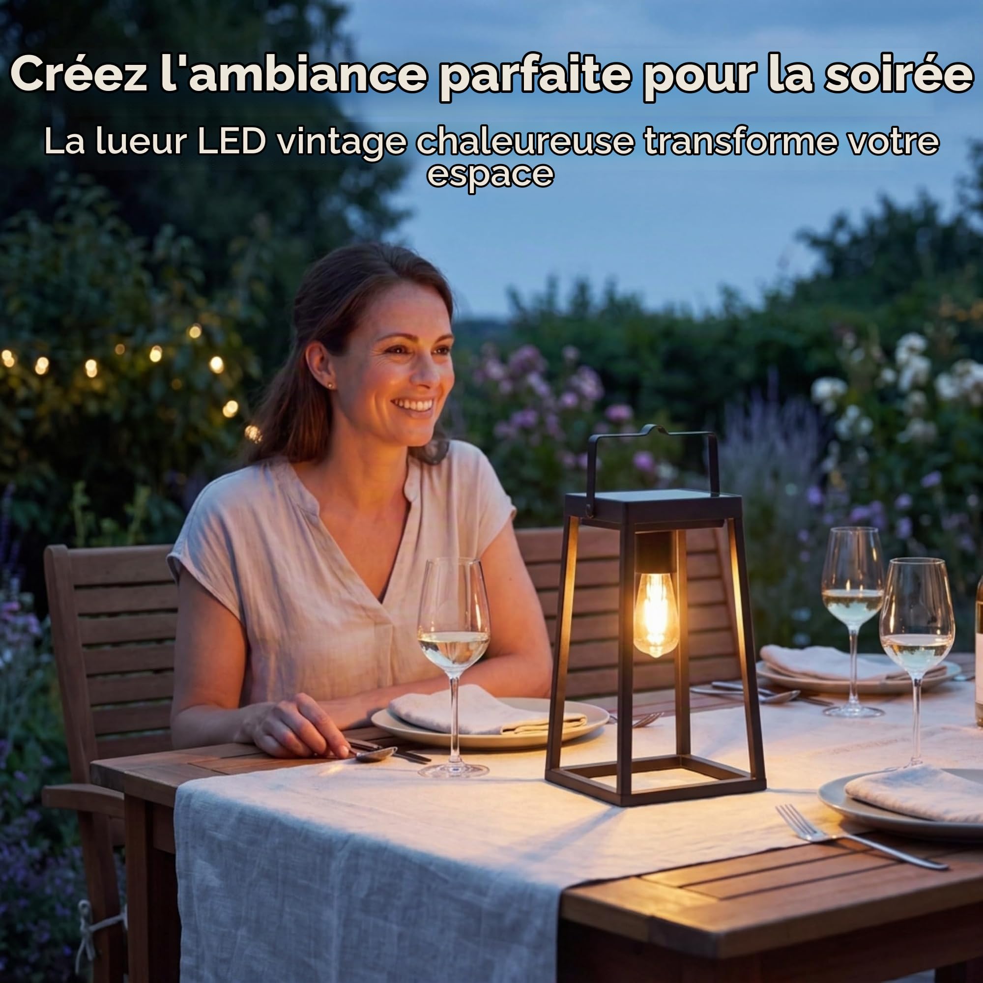 Auraglow Lanterne de Jardin Solaire et USB, Ampoule Filament Vintage | Lampe de Table Sans Fil Rechargeable, 48h d'autonomie, option Crépusculaire, aluminium noir mat, lueur rétro LED