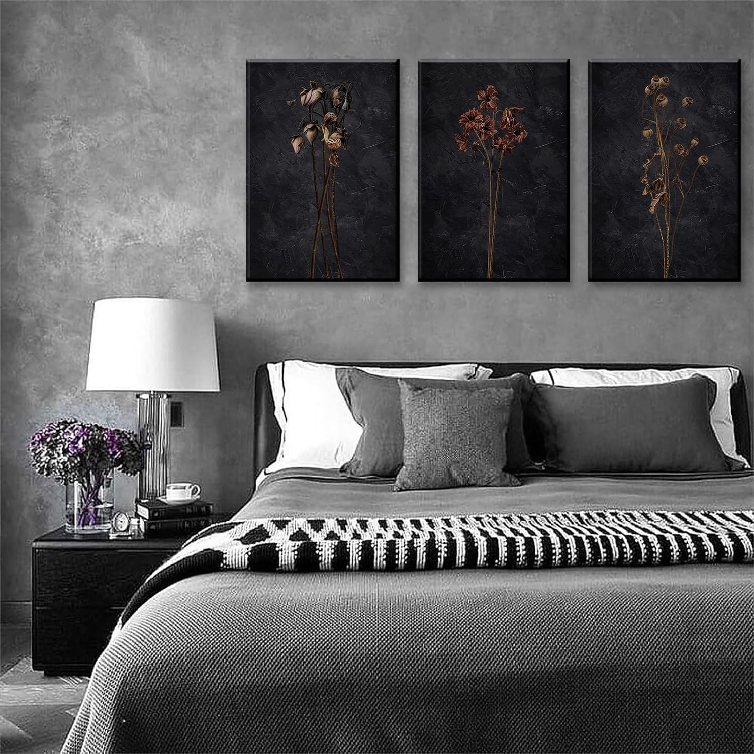 LYPHNX Framed Dark Moody Wildflowers Canvas Wall Art Black Vintage Dried Floral Wilderness Botanical Painting Poster Set of 3 Nature Prints Picture Wall decor for Living Room Bedroom Office 12"x16"