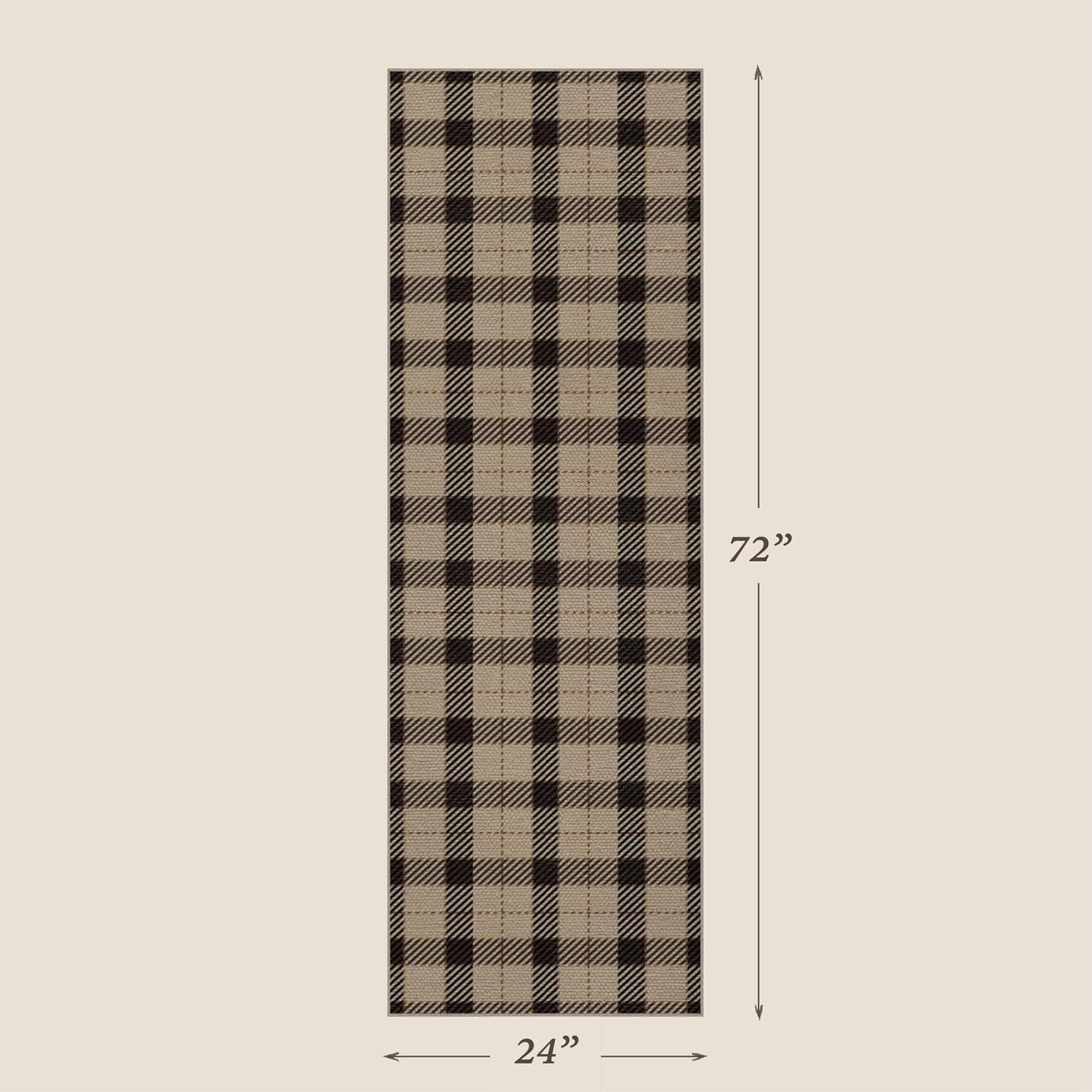 Non Slip Machine Washable 2x6 Laundry Room Rug Runner, Easy Jute Plaid Checkered Indoor Outdoor Runner Rug for Entryway, Hallway, Kitchen, No Shed Neutral Low-Pile Black and Tan Decor