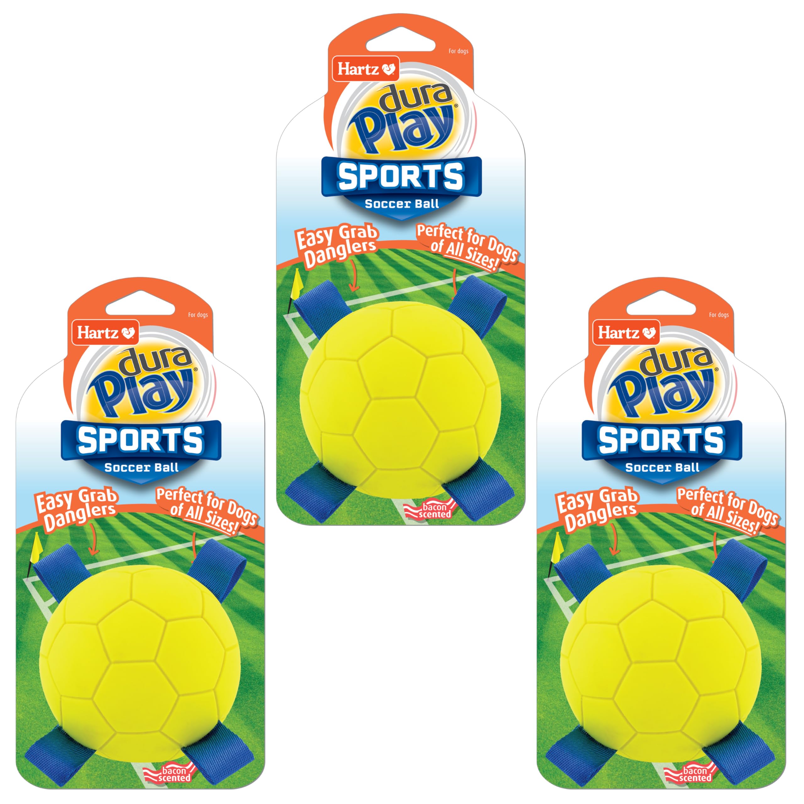 New Hartz Dura Play Sports Soccer Dog Toy Bacon Scented Squeaky Latex Yellow Blue Toy 3 Count