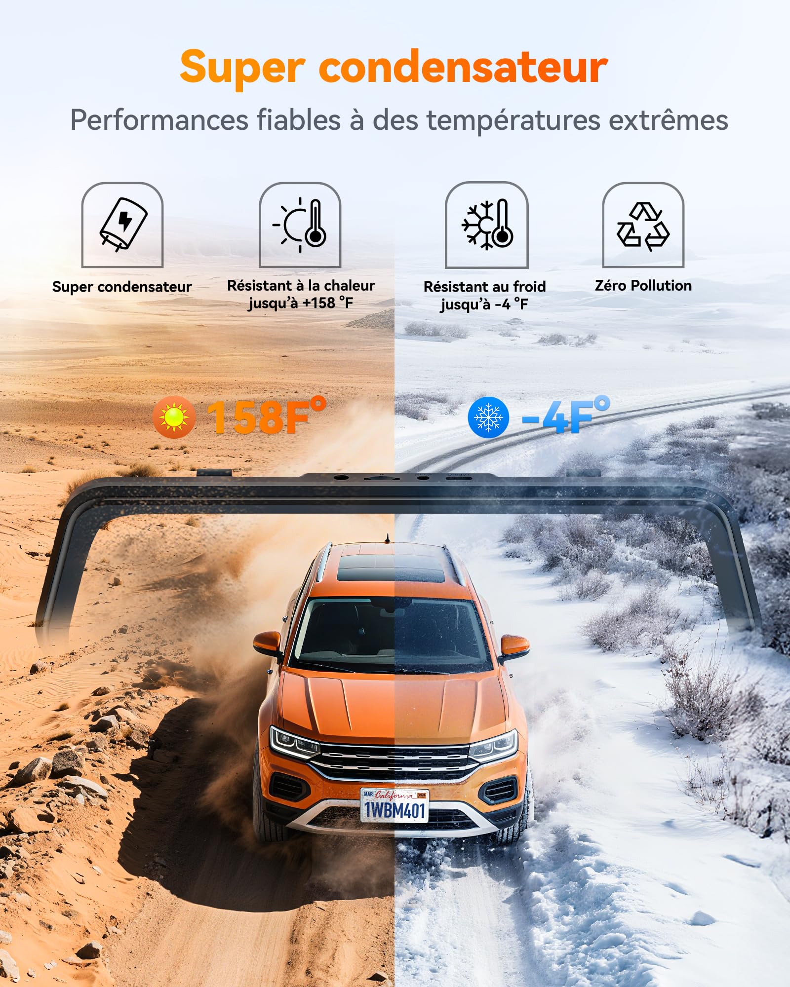 WOLFBOX M40 Rétroviseur de caméra arrière 10" 4K + 1080P pour caméra embarquée avant et arrière avec caméra ADAS/BSD, contrôle vocal, Wi-Fi intégré, carte 64 Go et GPS