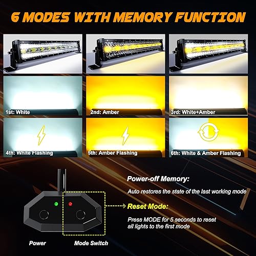 Miniatura 3 de ASLONG Barra de luz LED de 22 pulgadas, 120 W, estroboscópica intermitente blancaámbar con seis modos de luz de conducción combinada de inundación