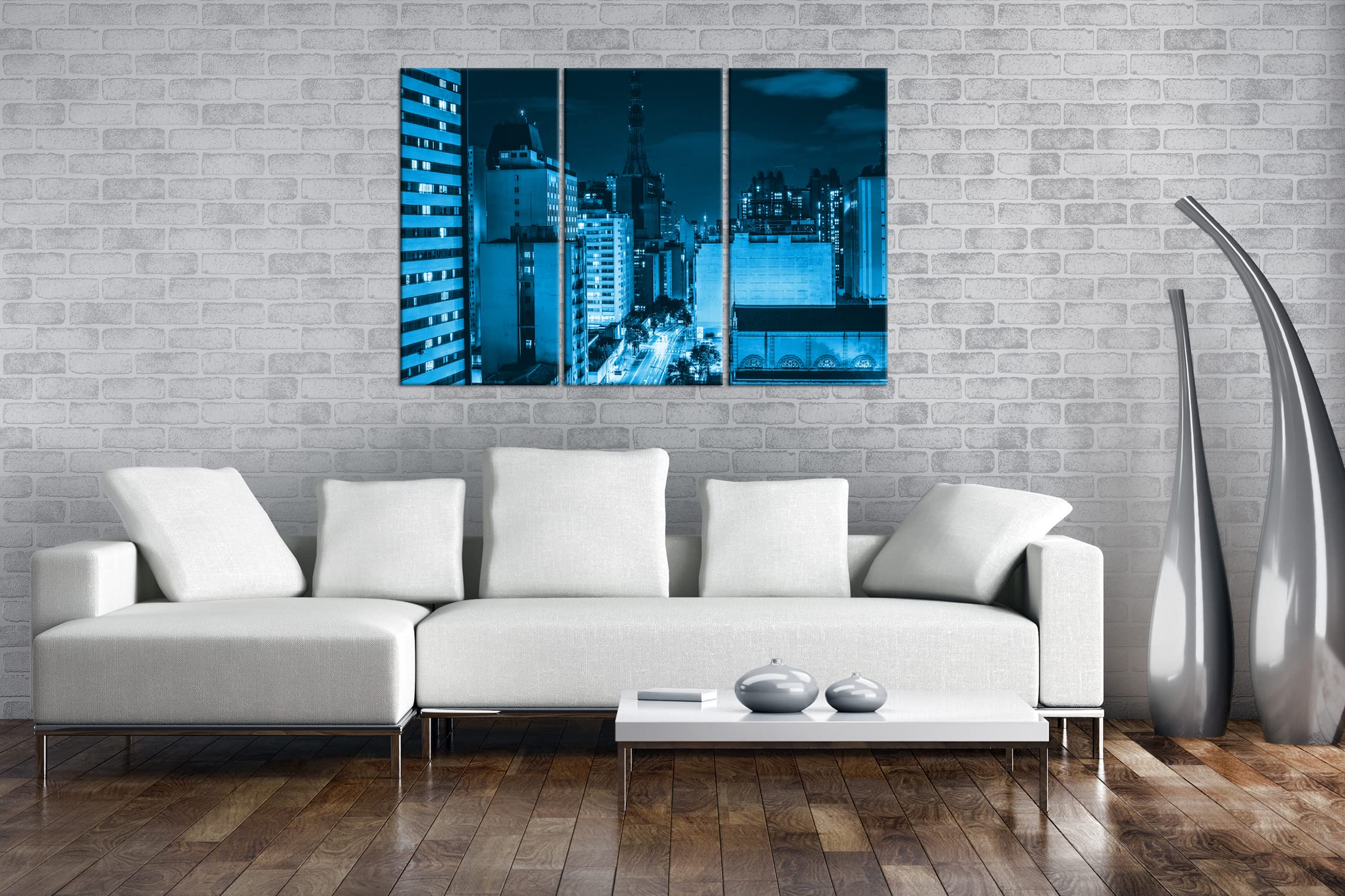 Strade luminose della città, formato: 3 pezzi, 120 x 80 cm, effetto: disegno come tela, motivo incorniciato su telaio in vero legno, stampa digitale di alta qualità con cornice, nessun poster o poster