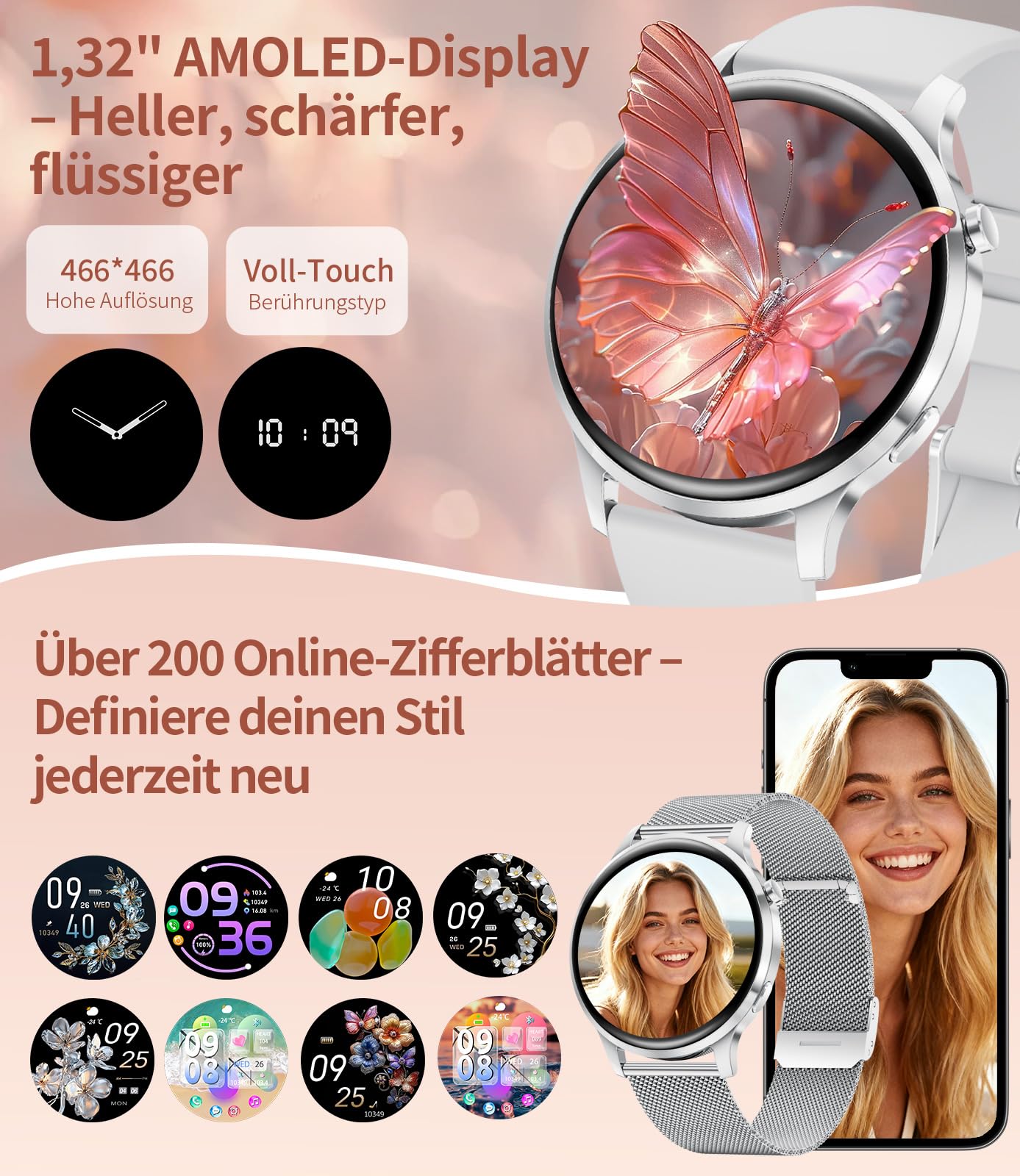 Smartwatch Damen Rund mit Telefonfunktion, 1,32'' AMOLED Fitnessuhr mit 100+ Sportmodi, Herzfrequenz/Schlafmonitor, Uhr Damen mit Whatsapp und Alexa, Elegante Armbanduhr für Samsung/iOS/Android,FV23-E