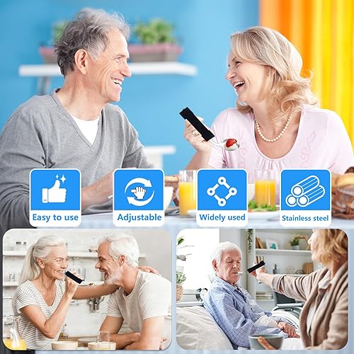 Miniatura 7 de Juego de utensilios adaptativos con peso para temblores de manos, Parkinson y artritis, diseño en ángulo, agarres antideslizantes con correa para la