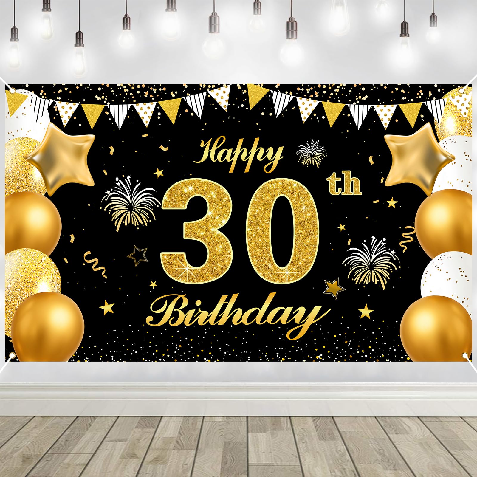 30th Birthday Decorations Banner Gold Black Happy Birthday Door Banner for Party Photo Backdrop for Men Women Home Outdoor Cover Party Decoration Supplies Poster