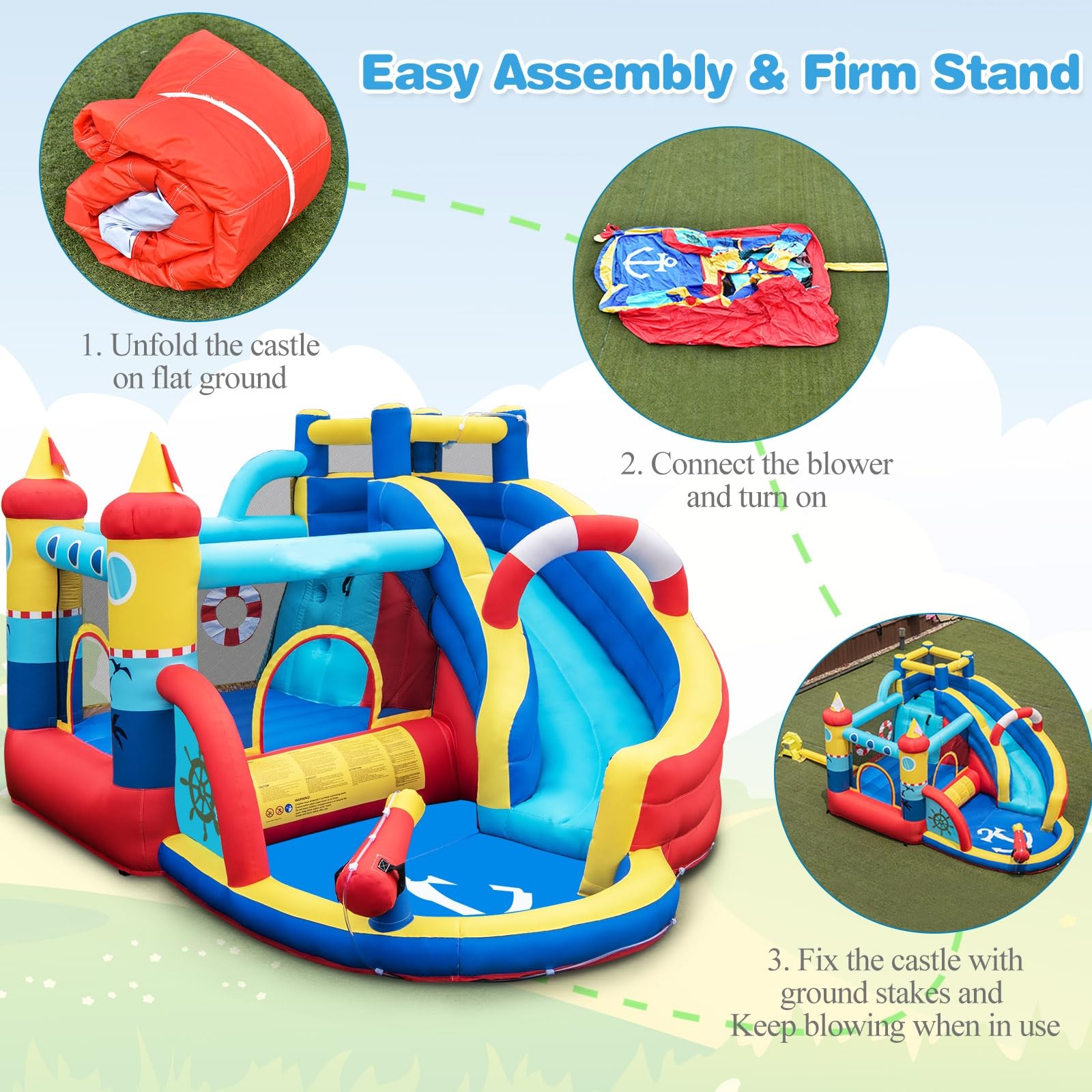 LIFEZEAL Castello Gonfiabile per 4 Bambini 3-12 Anni, Parco Aquatico, con Rete Protettiva, Giochi, Scivolo, Trampolino, Piscina, Cannone dell’Acqua, Interno, Esterno, Tema di Navigazione