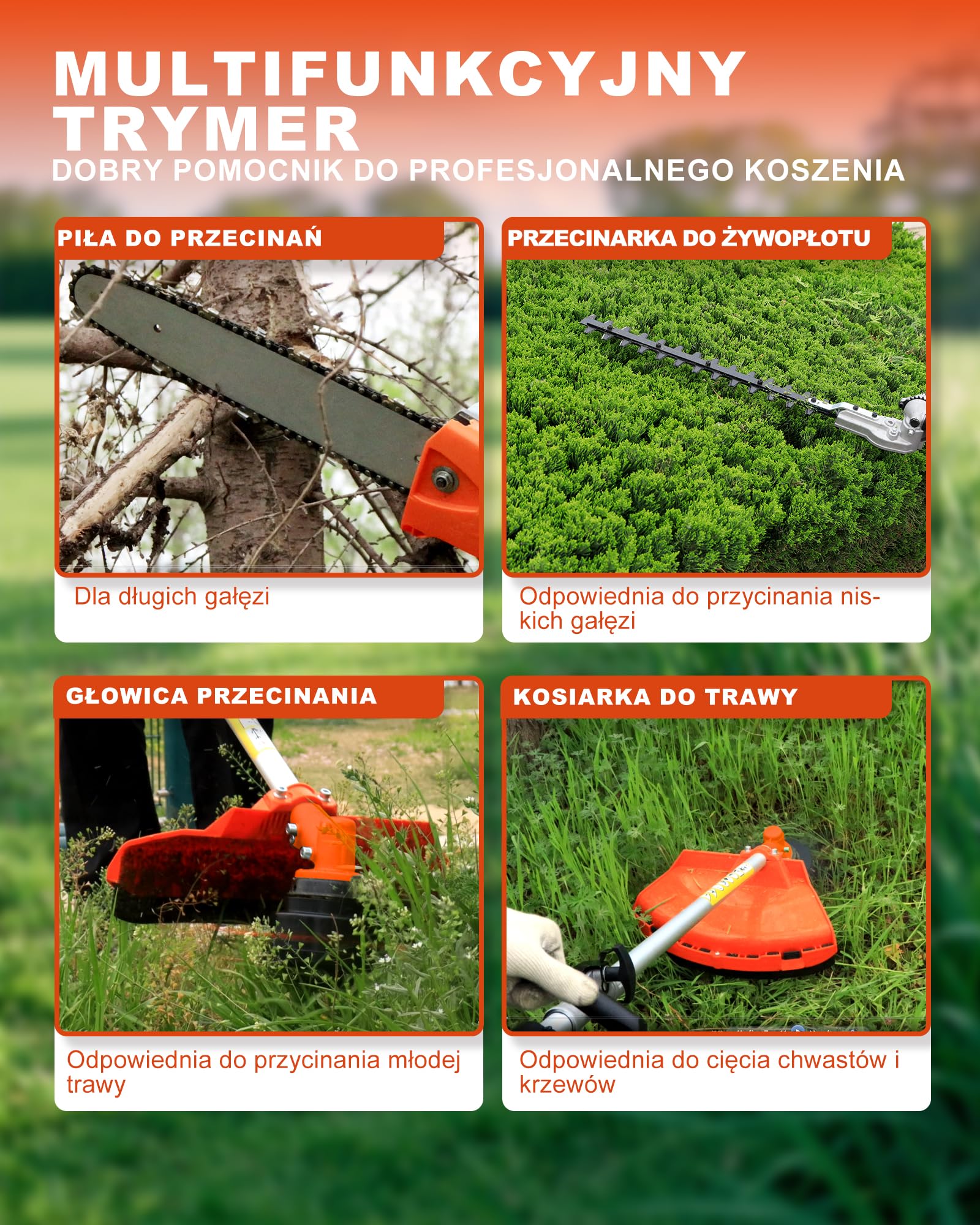Kosa spalinowa 52 cm³, 2-suwowa, z trymerem benzynowym i podkaszarką, nożyce do żywopłotu, piła łańcuchowa 3 KM, 2-suwowe urządzenie ogrodowe, wydajne i energooszczędne