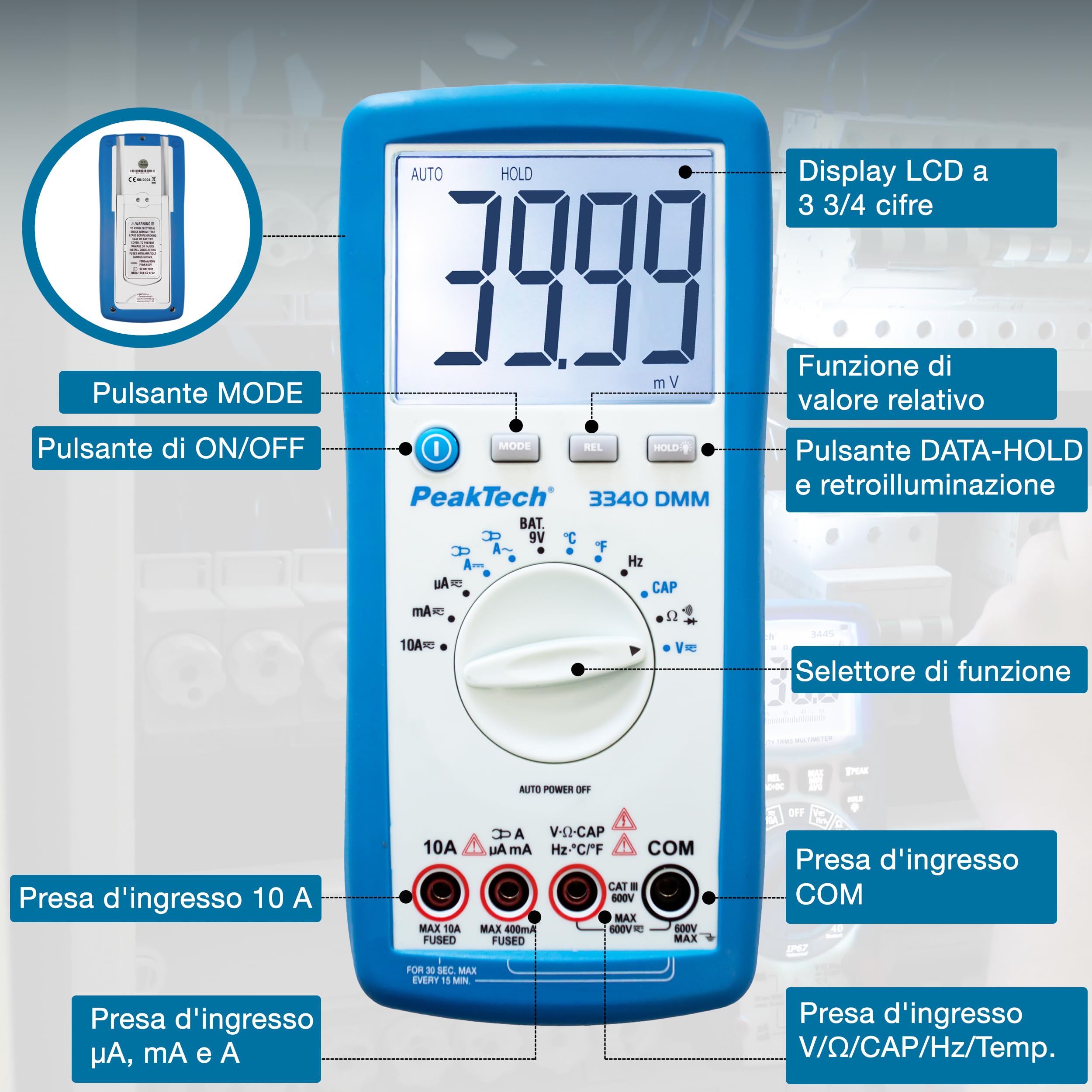 PeakTech 3340 – Multimetro digitale True RMS con Schermo LCD extra large, 4000 conteggi, Autorange, REL, Data-Hold, Voltmetro, Tester di continuità, Strumento di misura - CAT III 600 V