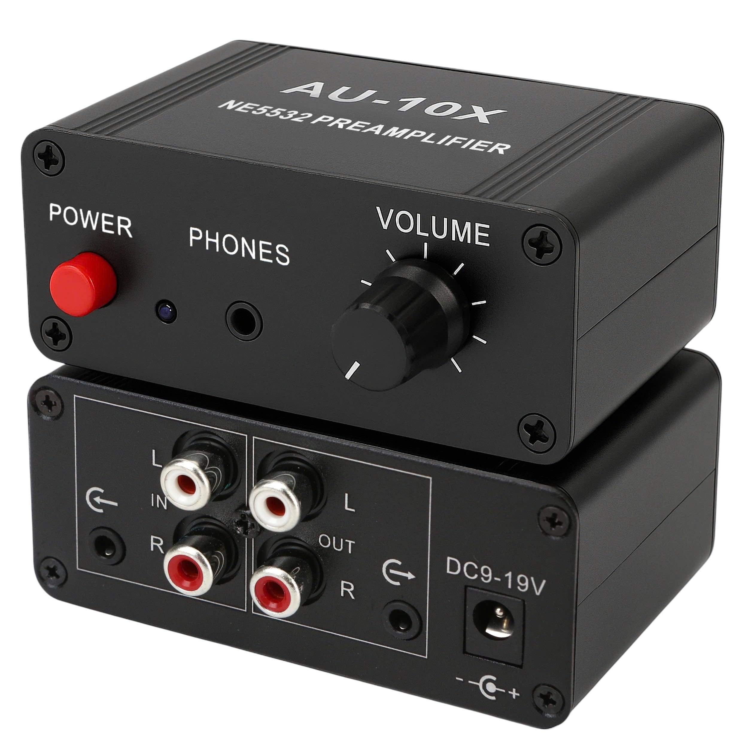 12V RCA Preamplifier, Audio Phono Preamp with Power Adapter, Mini Stereo Headphone Signal Home Amplifier, Gain 20dB for Turntable Pre amp Dual OP AMP AUX10X NE5532, RCA Input to 3.5mm Output