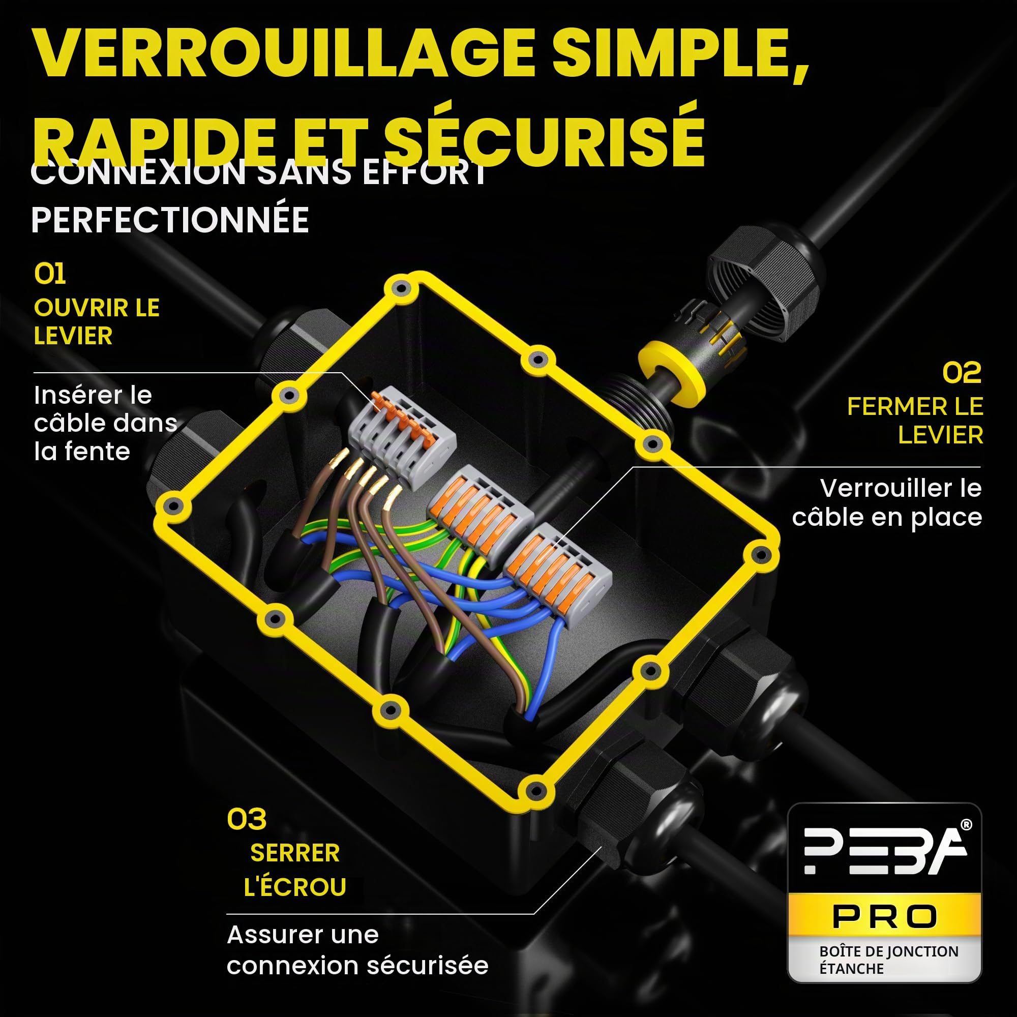 PEBA Boîte dérivation étanche extérieur IP68, Connecteur étanche etanche à 5 Voies pour câble de 4-14 mm de diamètre, Noir
