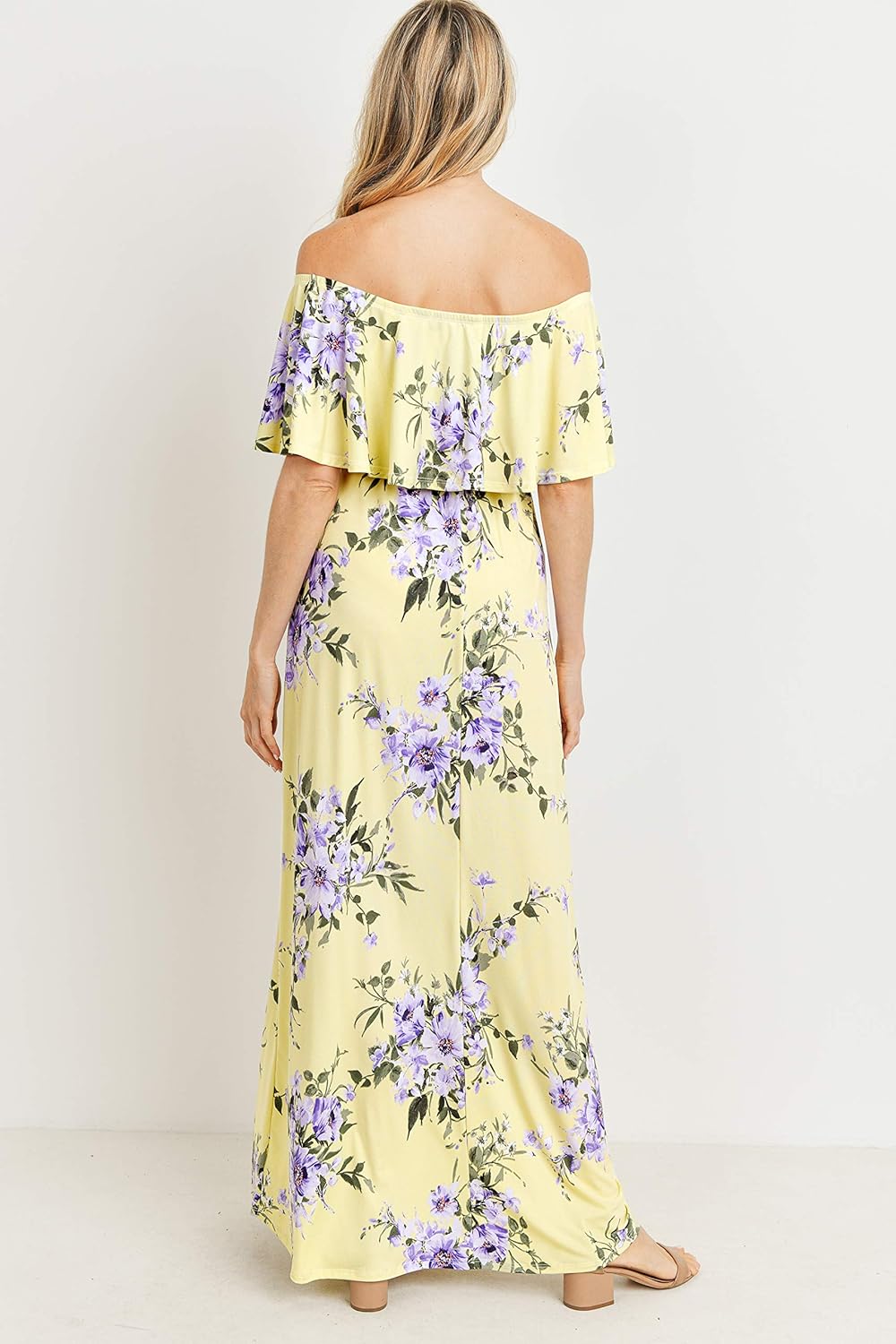 Maternity Dress Off Shoulder Maxi Pregnant Women Baby Shower Photoshoot (Yellow/Lilac Flower, Large)