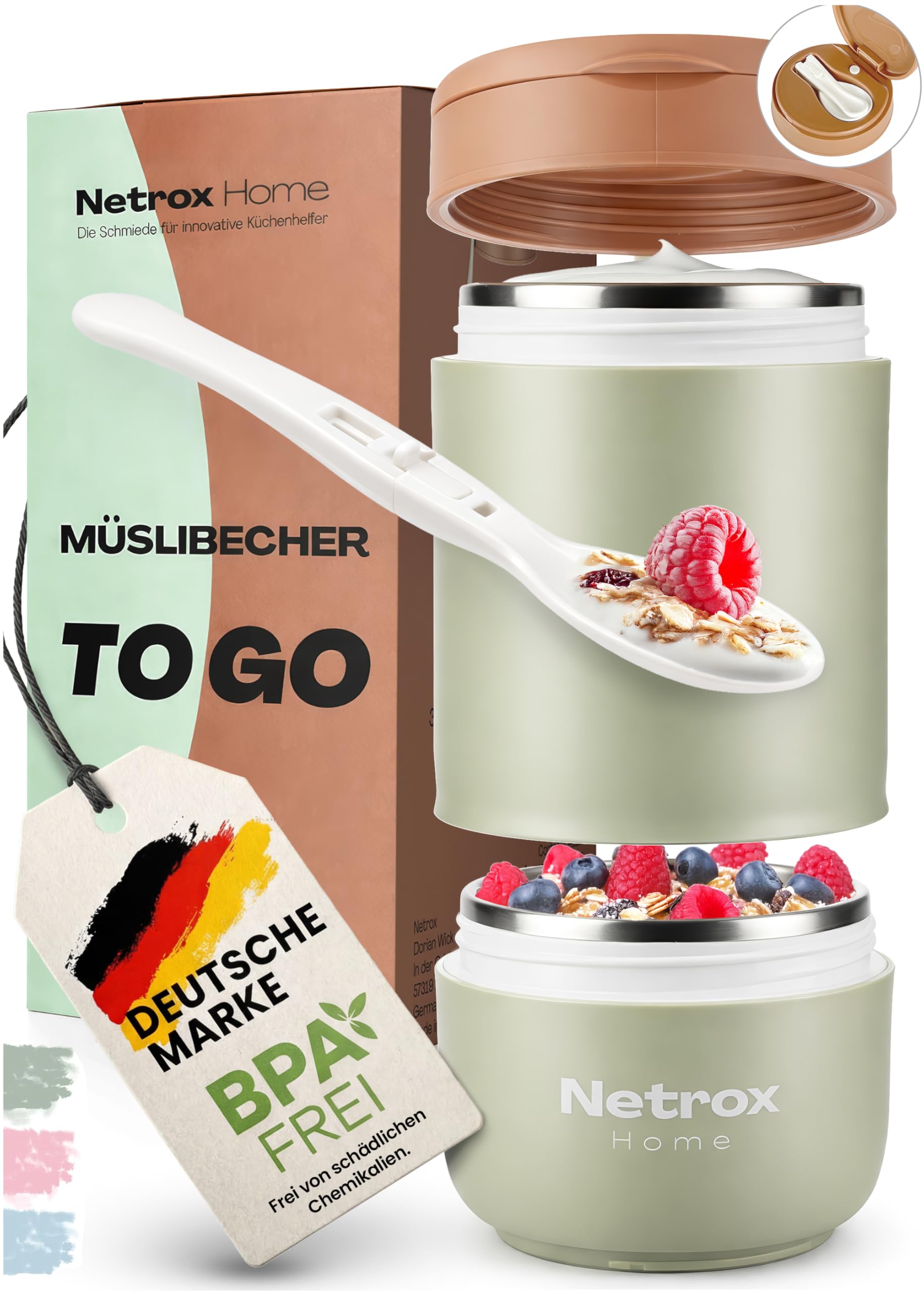 NetroxHome - Müslibecher To Go mit Löffel, Auslaufsicherer Joghurtbecher aus Edelstahl, Lunchbox, Müslibecher - für Joghurt Porridge Essen