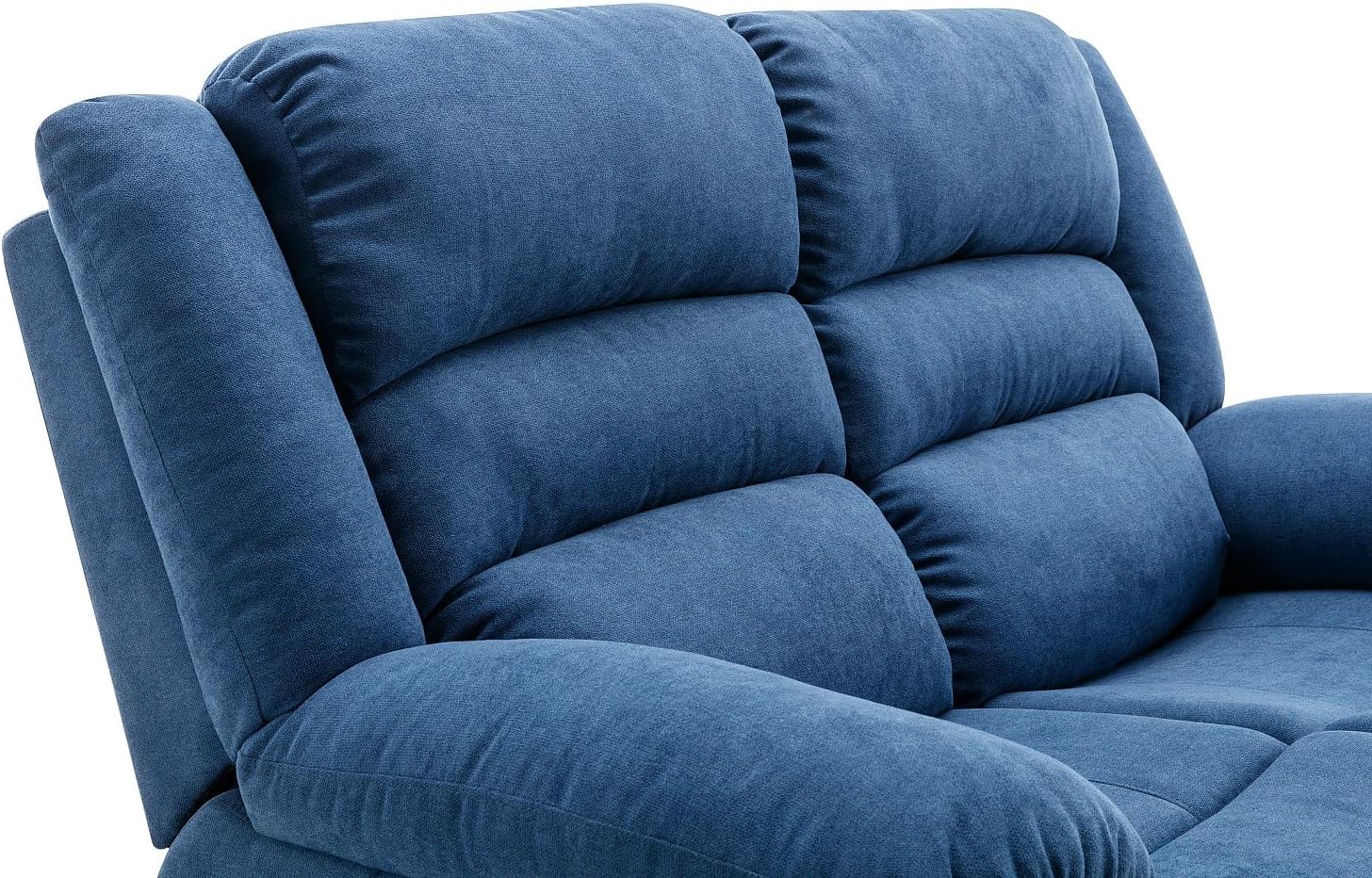 Close-up of the circular control button located on the side of the armrest of the blue electric recliner sofa.
