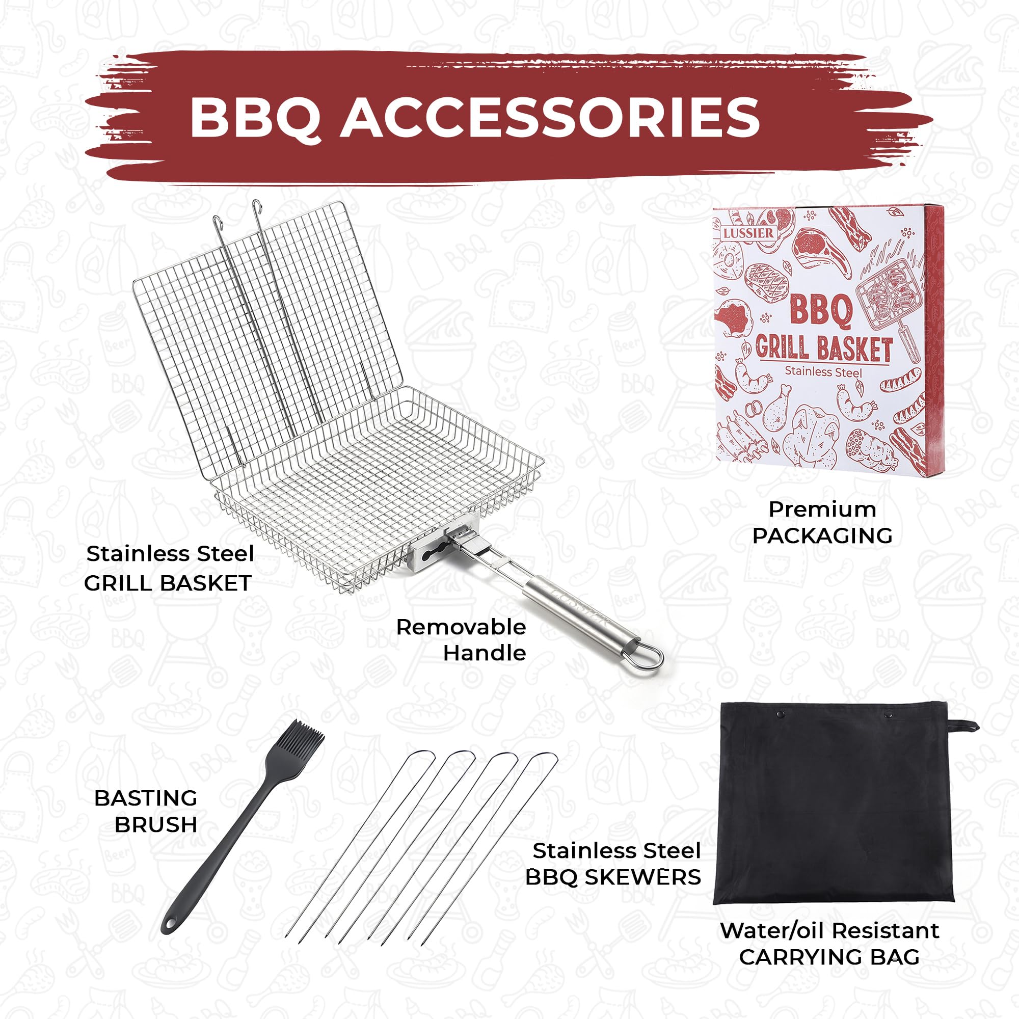 LUSSIER Grilling Basket for Outdoor Grill – Large Foldable Stainless Steel Barbeque Basket with Removable Handle, Skewers & Basting Brush Non-Stick BBQ Grill Basket for Veggies, Fish & Shrimps