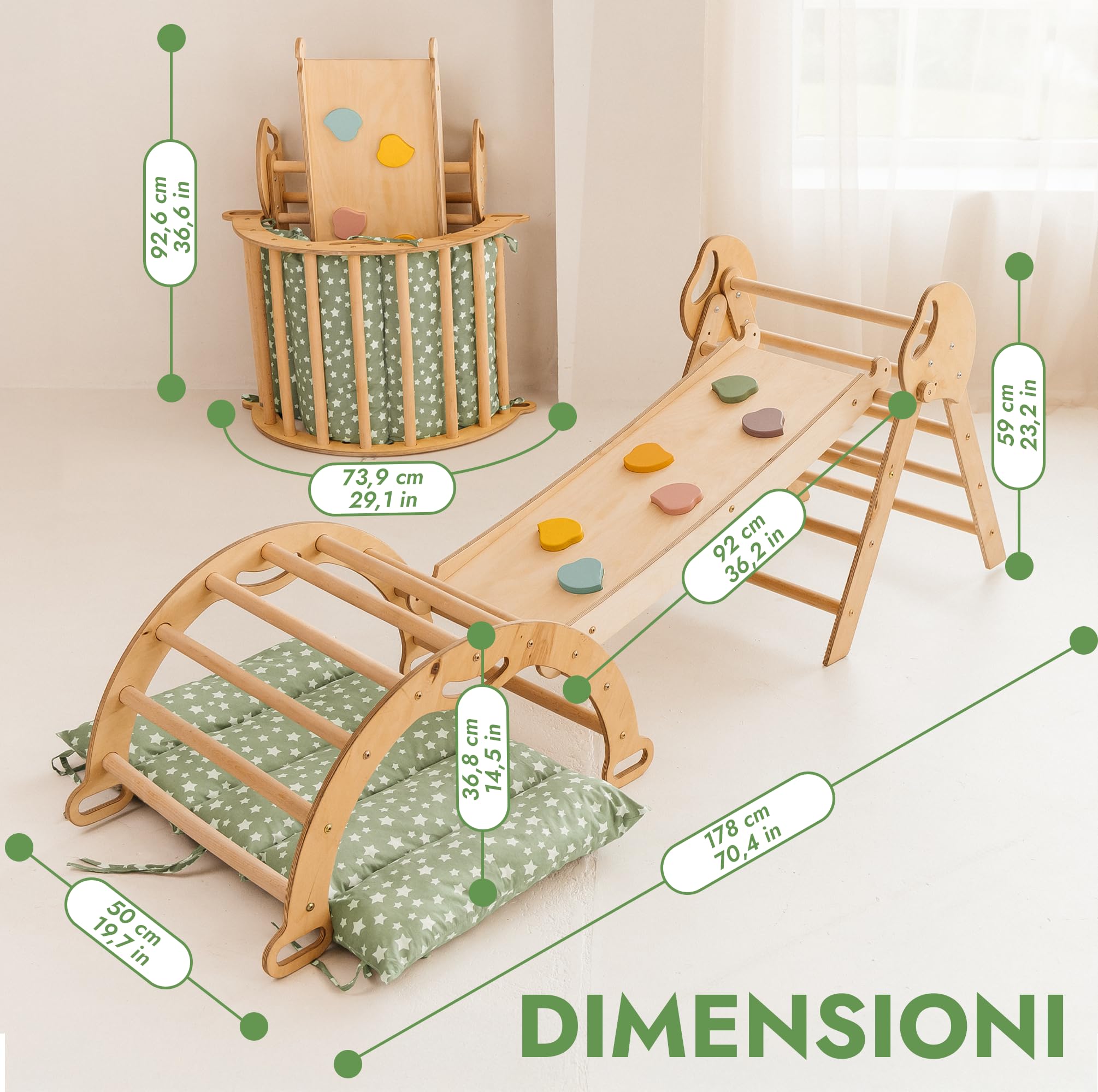 Goodevas 5-in-1 Telaio da Arrampicata per Bambini - Scala a Triangolo, Arco per Arrampicata, Balance Board e Cuscino, Telaio da Arrampicata Montessori, Palestra in Legno per Bambini da 1 a 3 Anni