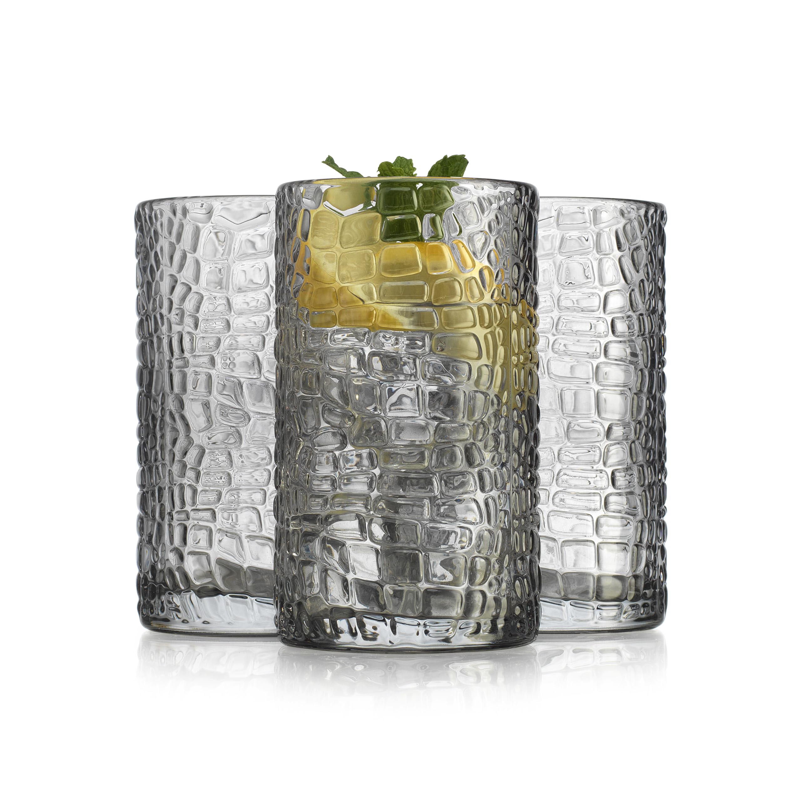 Glavers Highball Glasses Set of 4 Smoke Drinking Glasses 15 Ounce Crackle Textured Newly Designed Patent Glassware Heavy