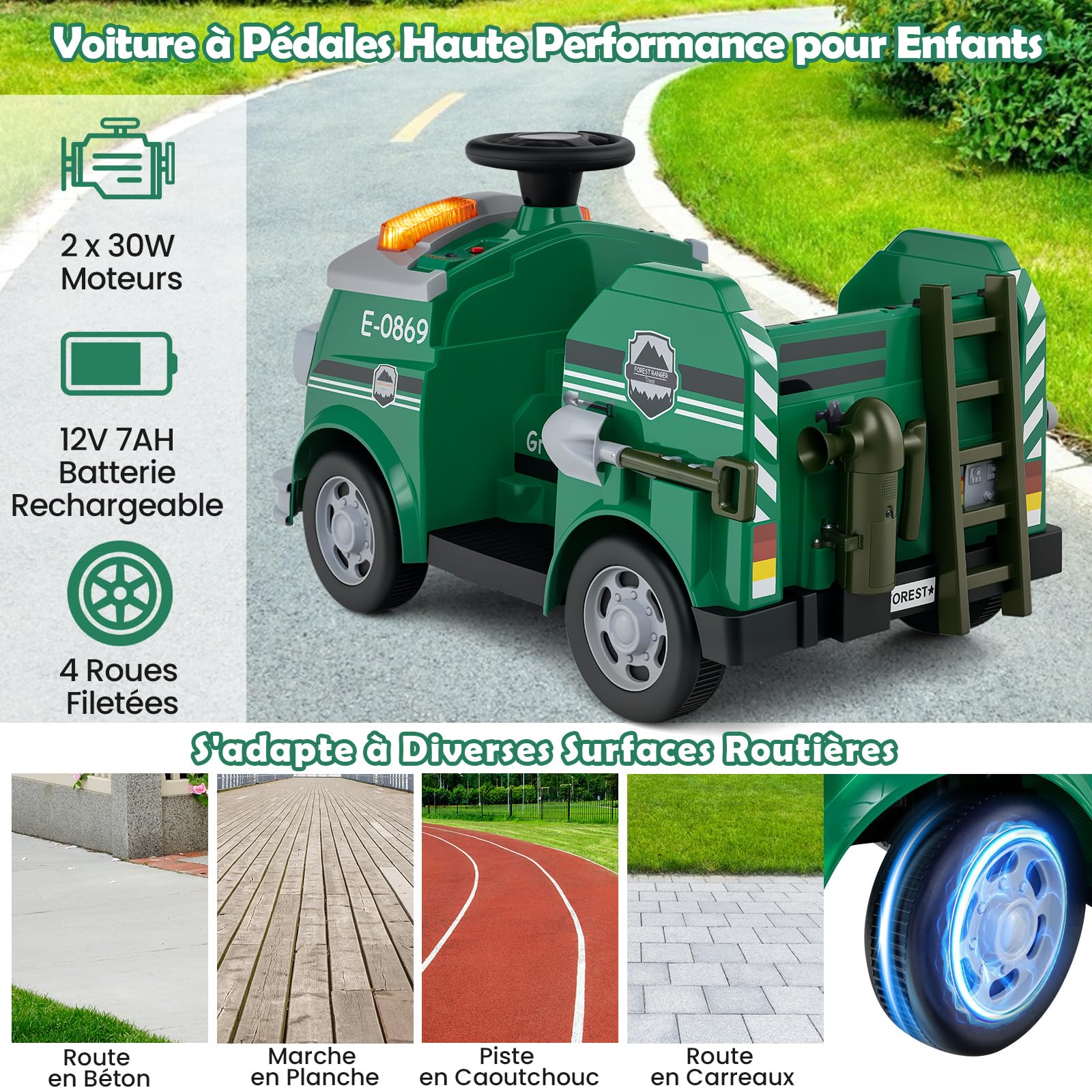 GOPLUS Camion Pompier Enfants 12V, Voiture Electrique Enfant avec Pelle, Extincteur, Échelle, Casque de Protection, Gyrophare, Musique, pour 3-5 Ans, Charge 25KG (Vert)