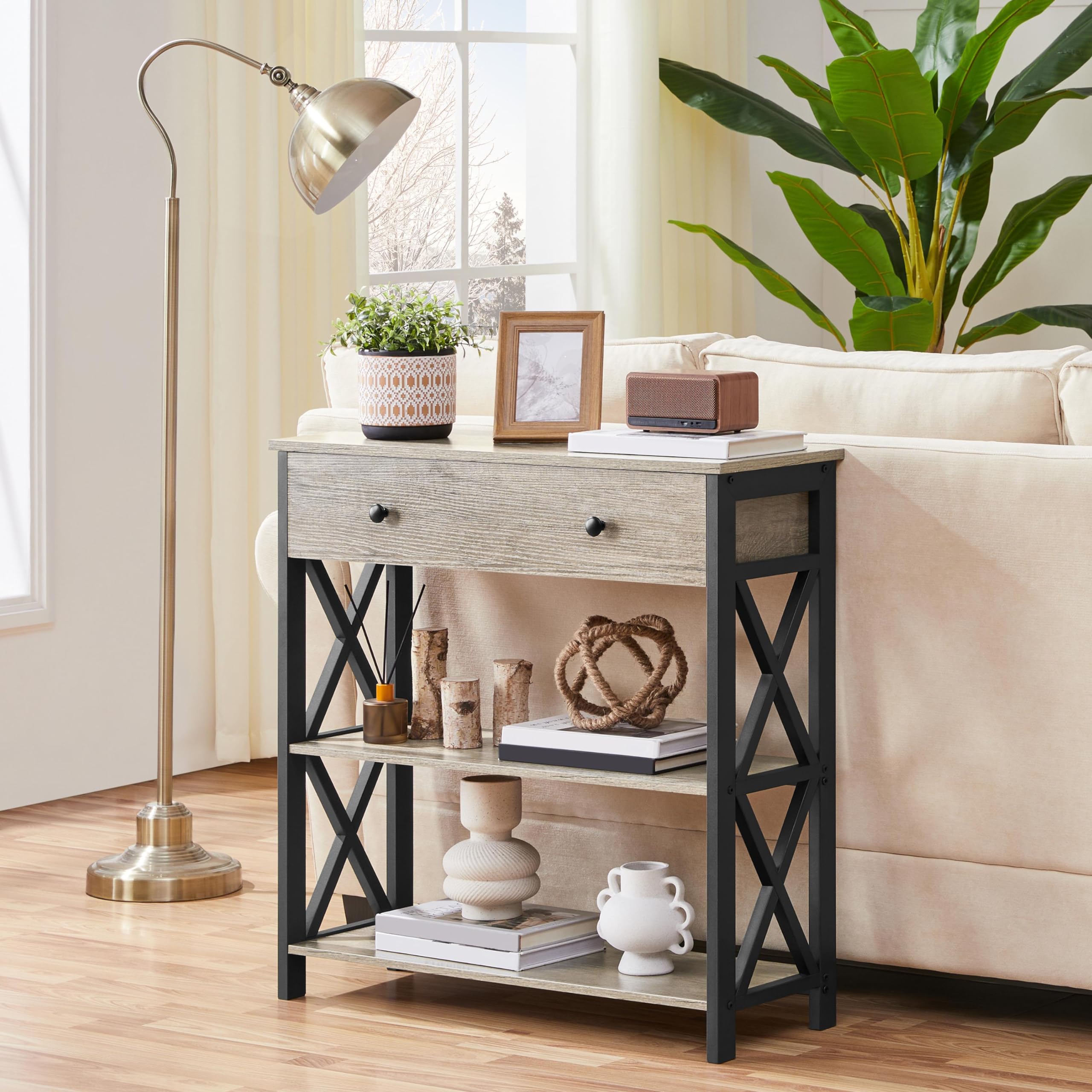 Yaheetech Konsolentisch Beistelltisch mit 1 Schublade und 2 offenen Ablagen 3-Stufiger Flurtisch mit Metallrahmen Schmaler Sofatisch Industrie Design Sideboard für Wohnzimmer/Flur/Eingang – Bild 3