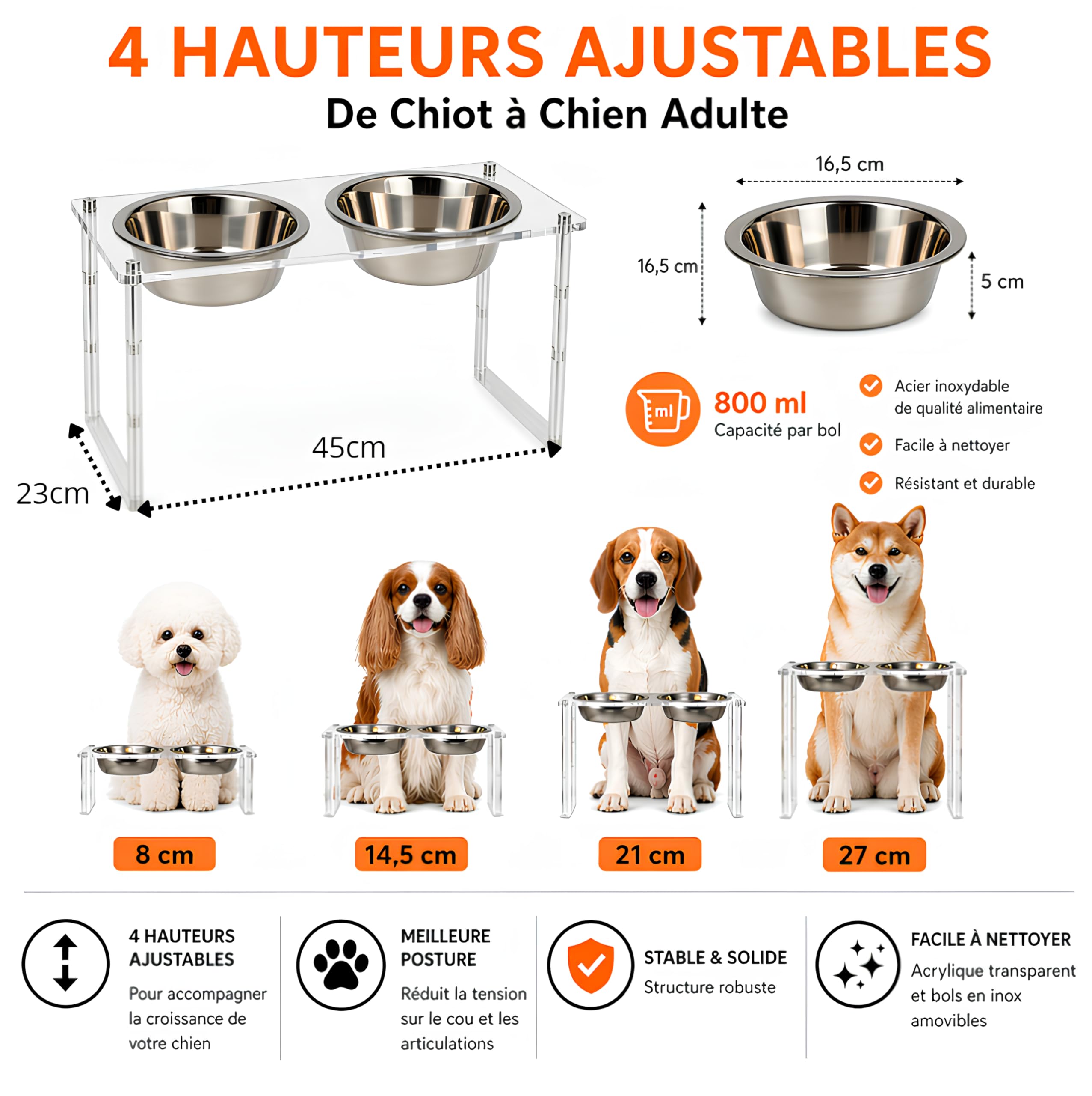 Gamelle Double Chien et Chat Surélevée - Support 4 Hauteurs Ajustables – Double Bols en Acier Inoxydable 800ML + Accessoire Anti-Glouton - Installation Facile - Design Intérieur