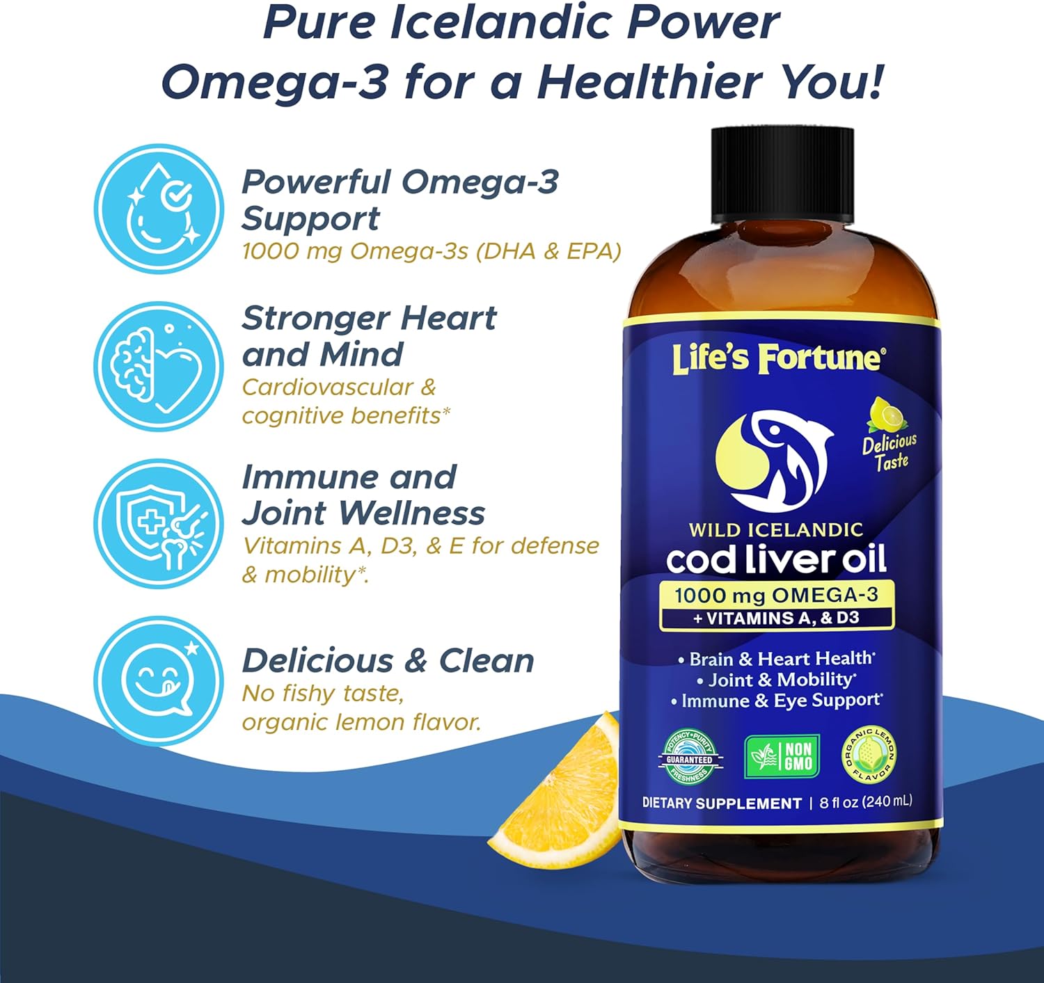Life's Fortune Cod Liver Oil Liquid Lemon Flavor Organic Supplement with DHA, EPA 1000 mg High Potency Omega-3s + Vitamin A, E & D3 - Supports Immune, Joints, Eyes, 8 Fl Oz (Pack of 3)