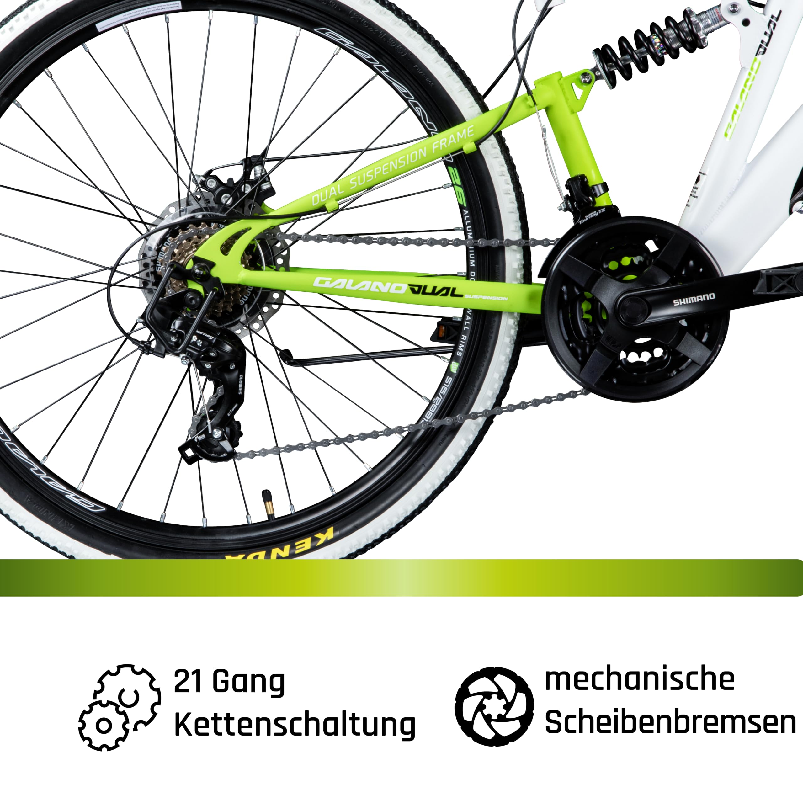 Galano Volt DS Mountainbike für Mädchen und Jungen ab 160 cm, Jugendfahrrad Unisex mit 21 Gangschaltung und Scheibenbremsen, Fahrrad MTB Fully Schutzblech (weiß/grün)
