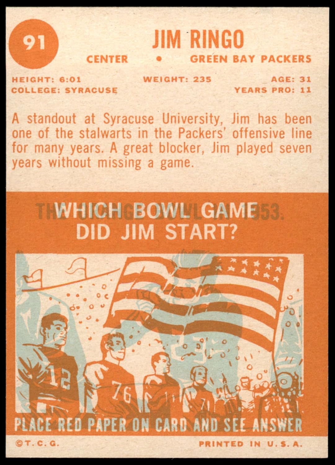 1963 Topps #91 Jim Ringo Green Bay Packers (Football Card) NM Packers Syracuse