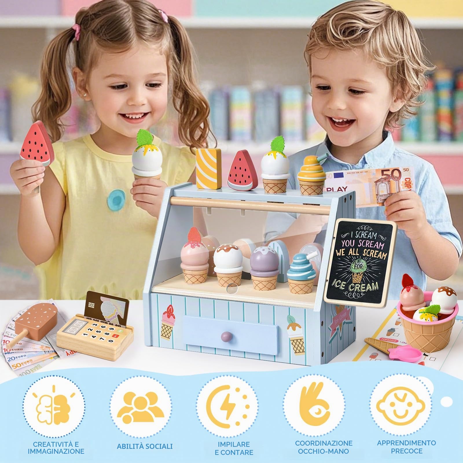 Atoylink Gelateria Giocattolo per Bambini, Giocattoli in Legno Carretto Gelati Giocattolo, Giochi Montessori per Bambini 3 4 5 Anni Regali di Compleanno Natale per Ragazzo Ragazze (Blu)