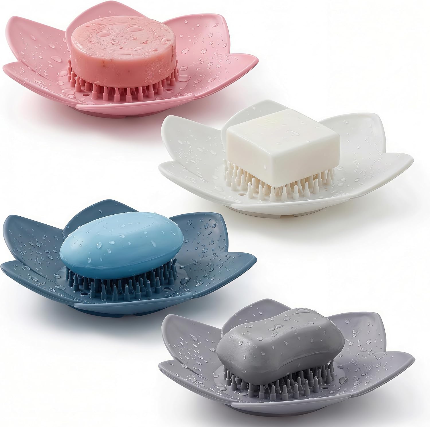 4 Pack Lotus Shower Steamer Trays, Silicone Soap Holder with Self Draining – Elegant Mixed Colors Lotus Flower Shape Soap Dish, Perfect for Bathroom Counter, Kitchen Sink, Shower Organizer